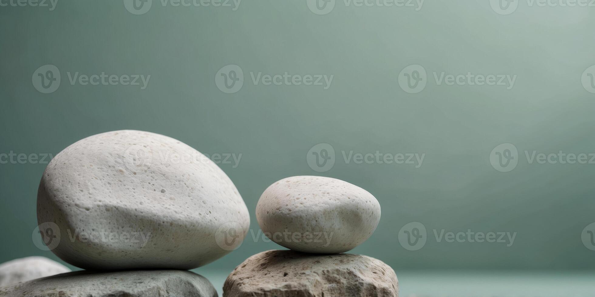 Minimalist Composition of a White Rock on Pastel Green Background. photo