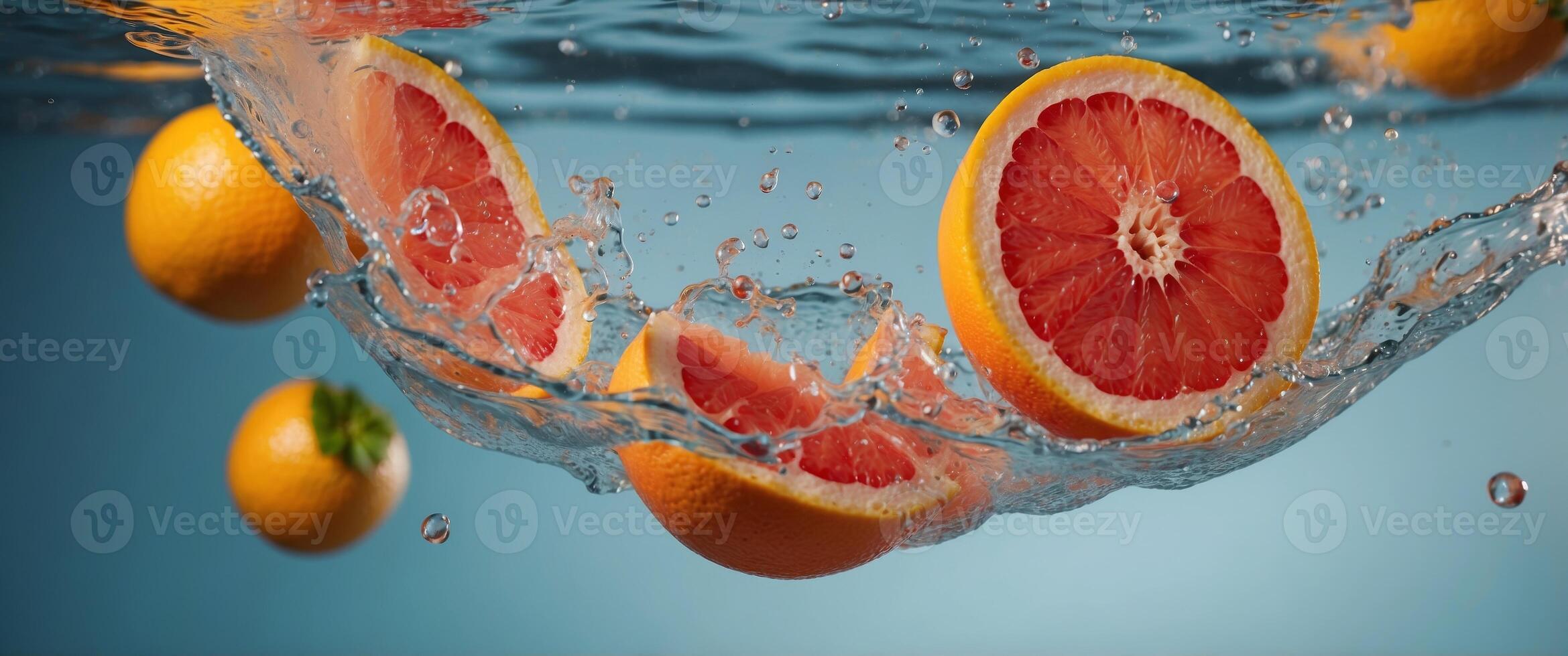 A Sliced Grapefruit Falling Through Water With Citrus Fruit. photo