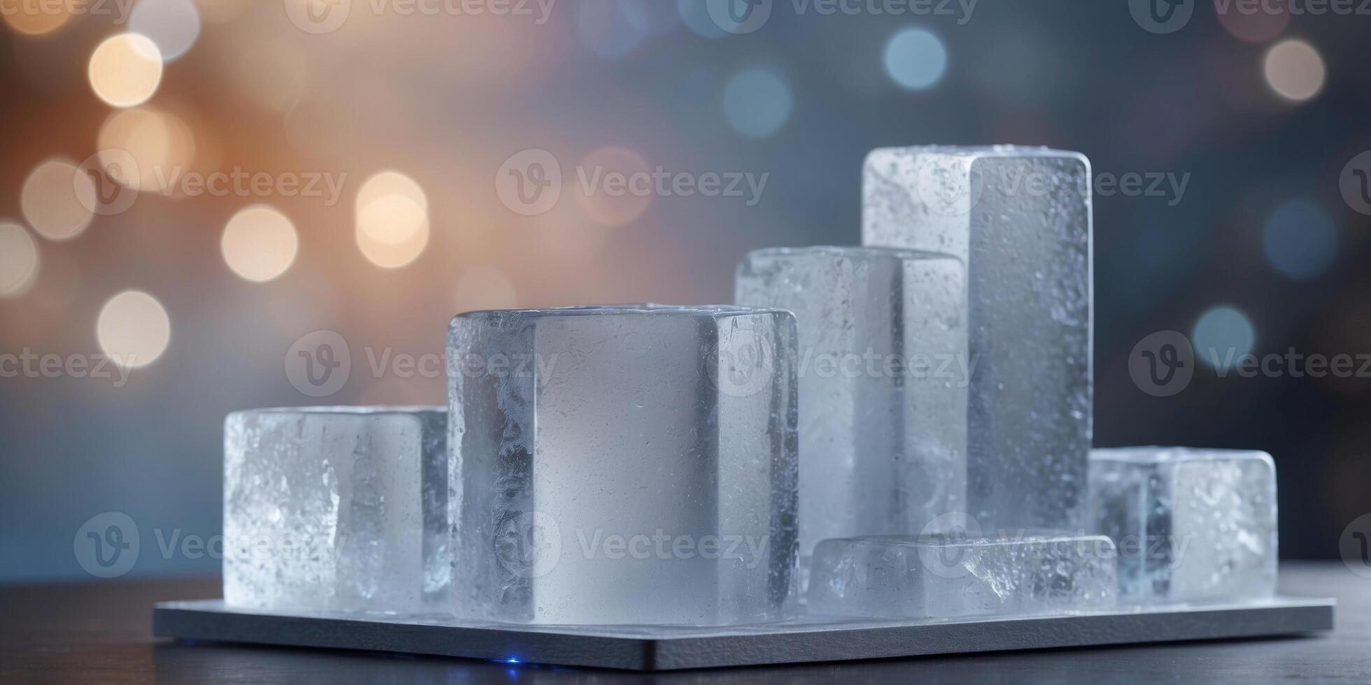 Square ice stage podium for product presentation freshness and cleanliness advertising. photo