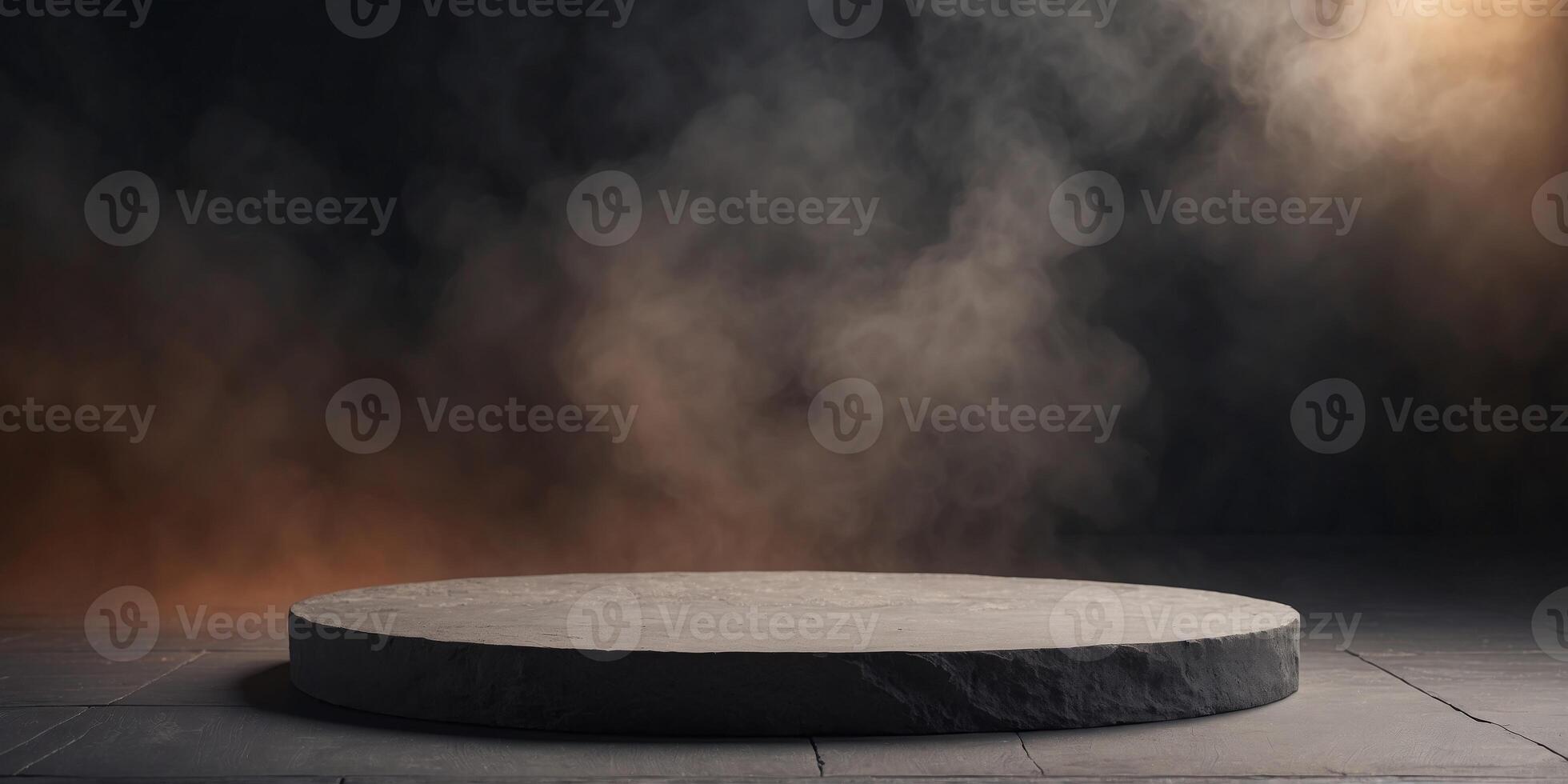 Studio dark room stone stage or podium with fog or mist. photo