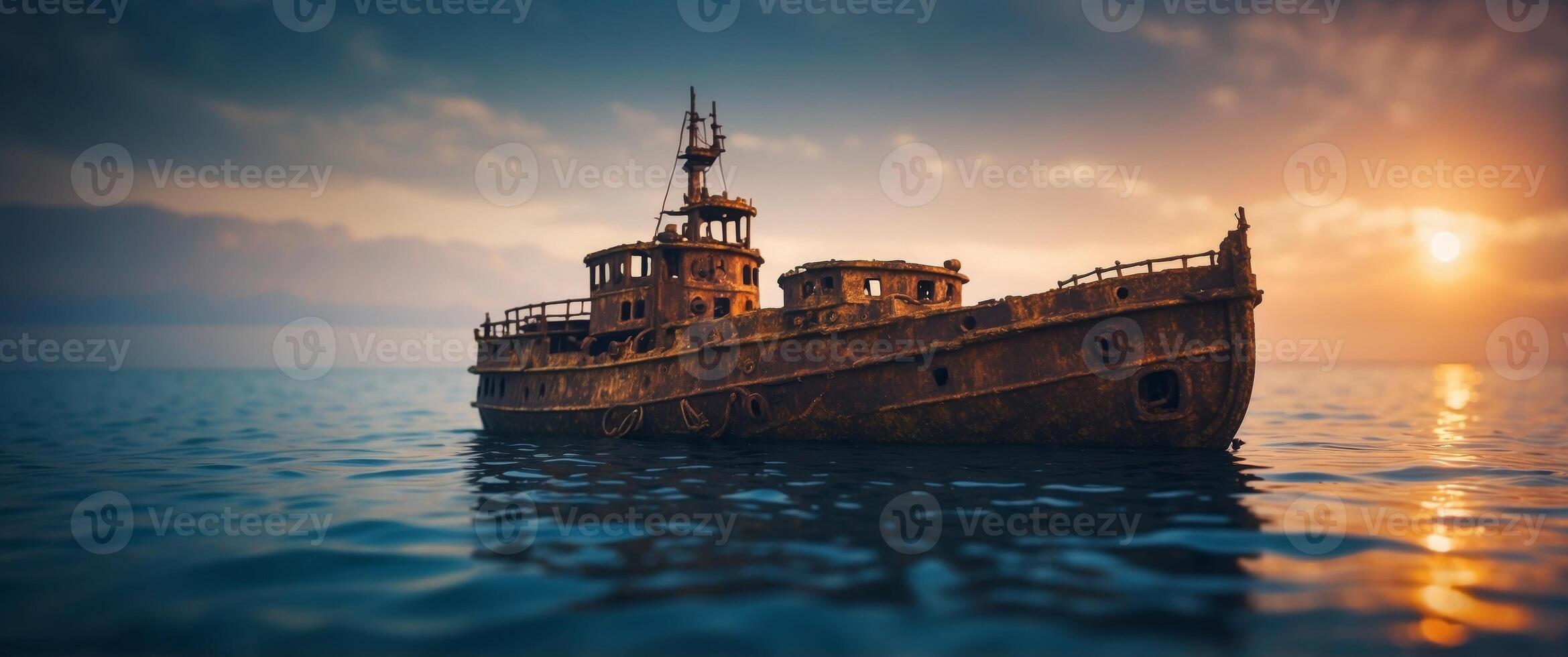 amazing sunken ship below the surface of the sea on the ground. photo