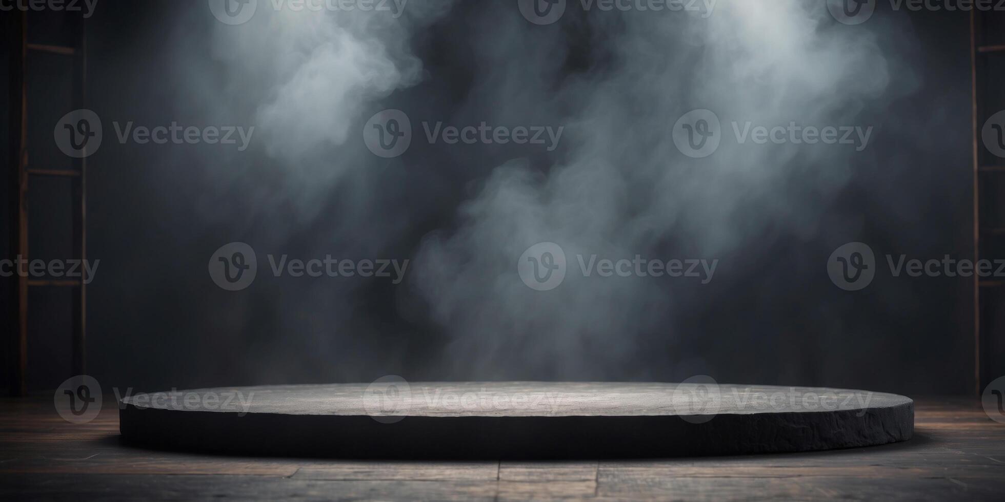 Studio dark room stone stage or podium with fog or mist. photo