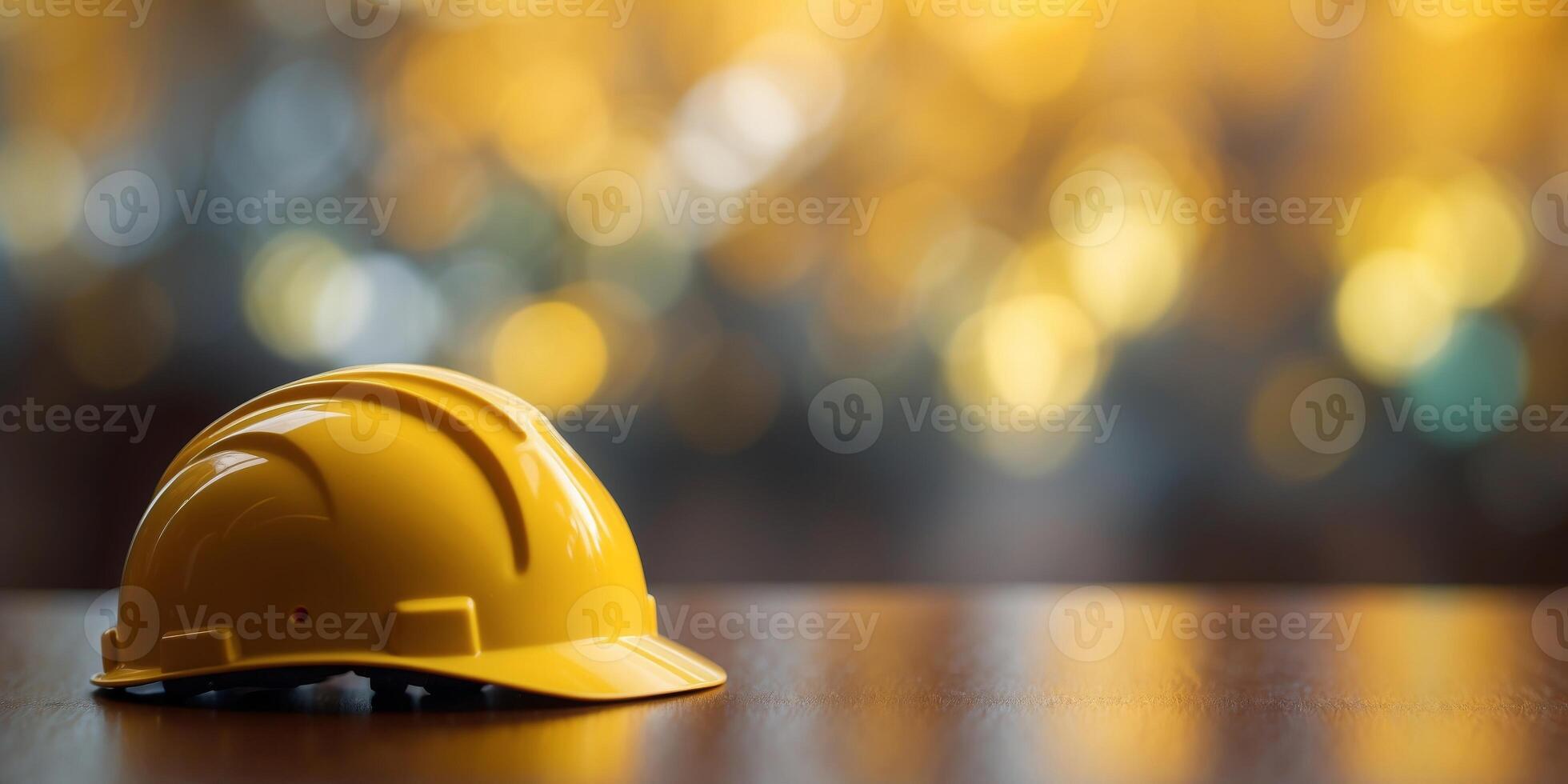 Shiny yellow hard hat on yellow gradient bright background. photo
