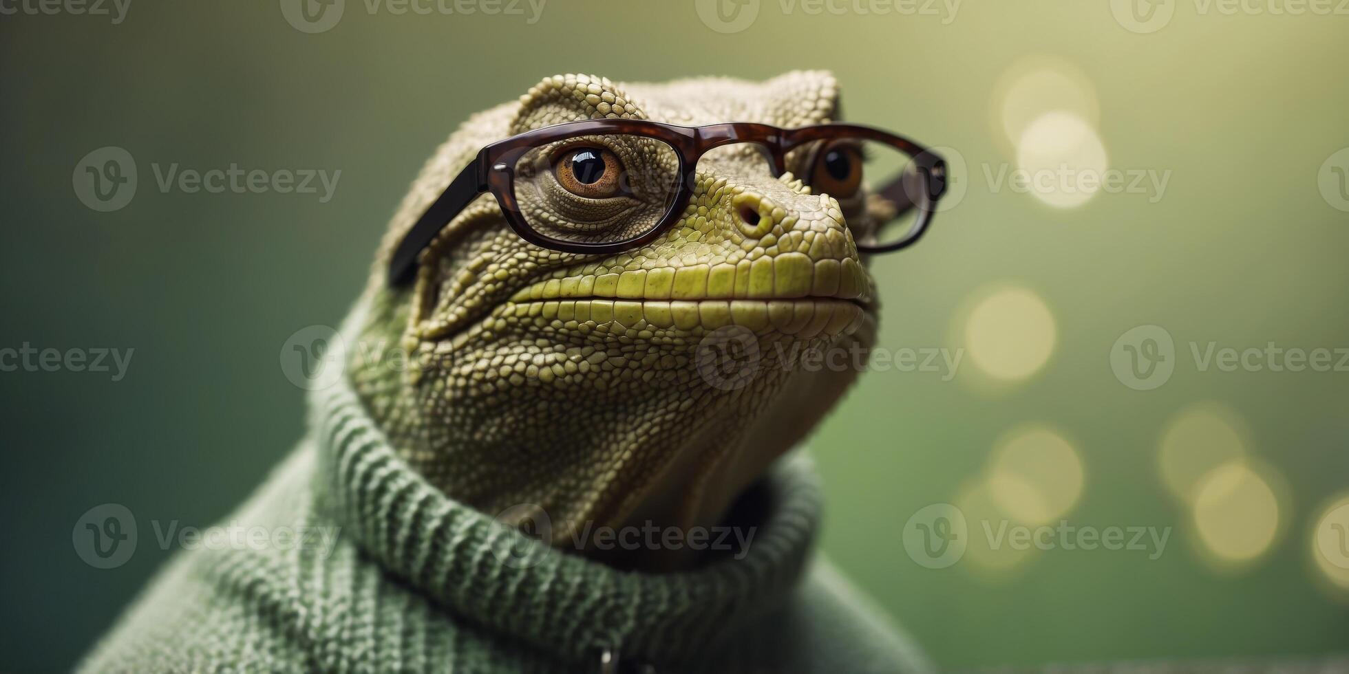Lizard wearing glasses and sweater on green background. photo