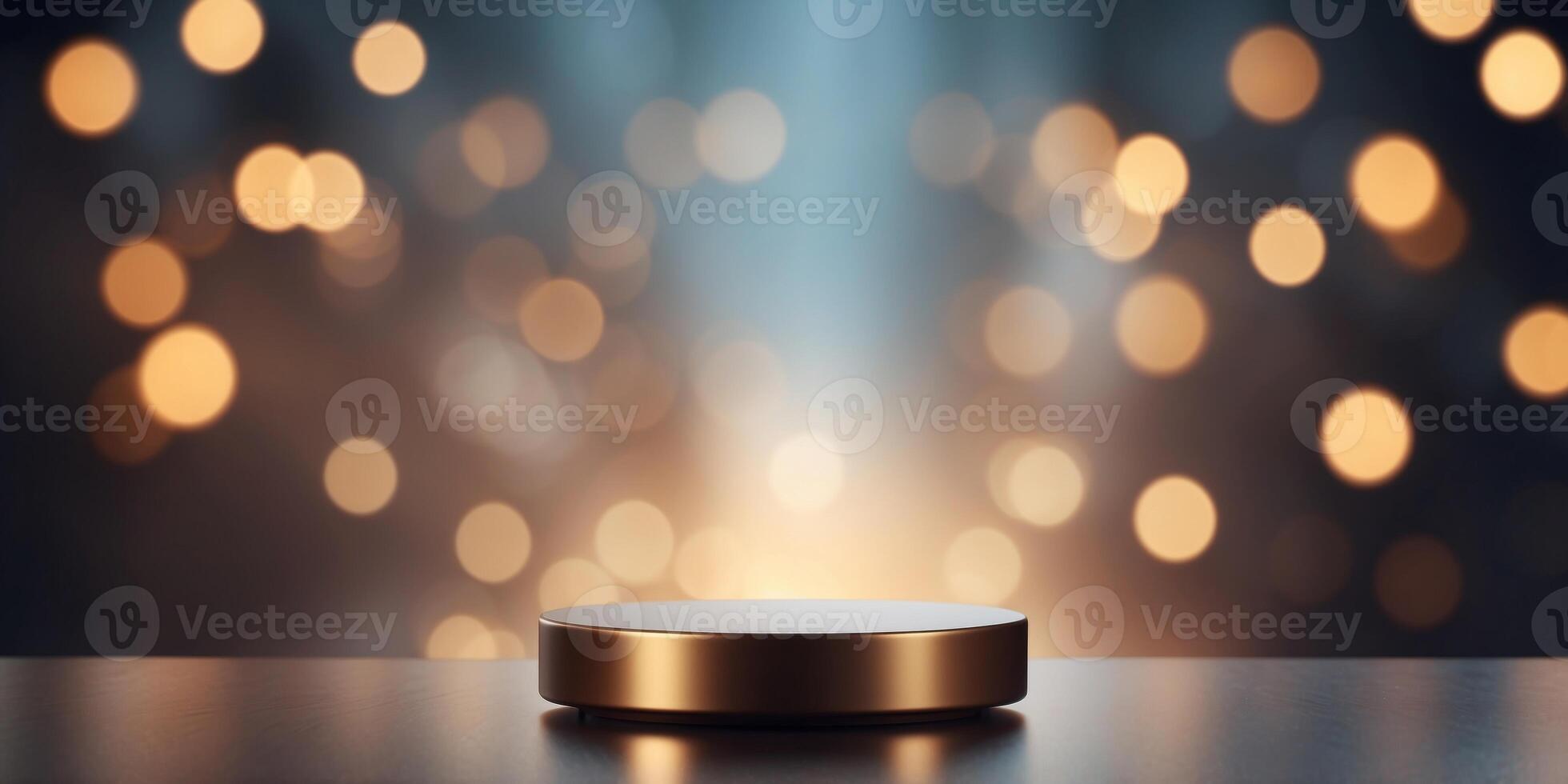 Metal podium product stand or display with blur background and cinematic light. photo