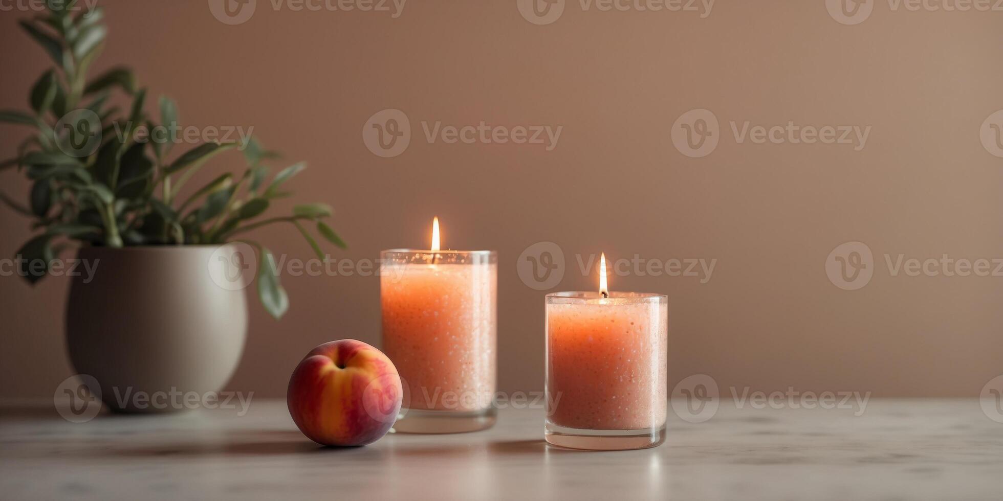 Unlit peach fuzz color candle on trendy minimal background with modern tone and hue. photo