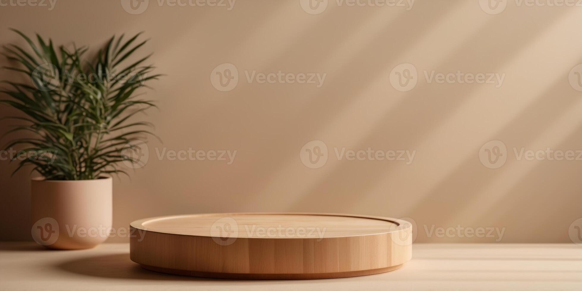 round wooden podium for product presentation on beige background with shadows. photo