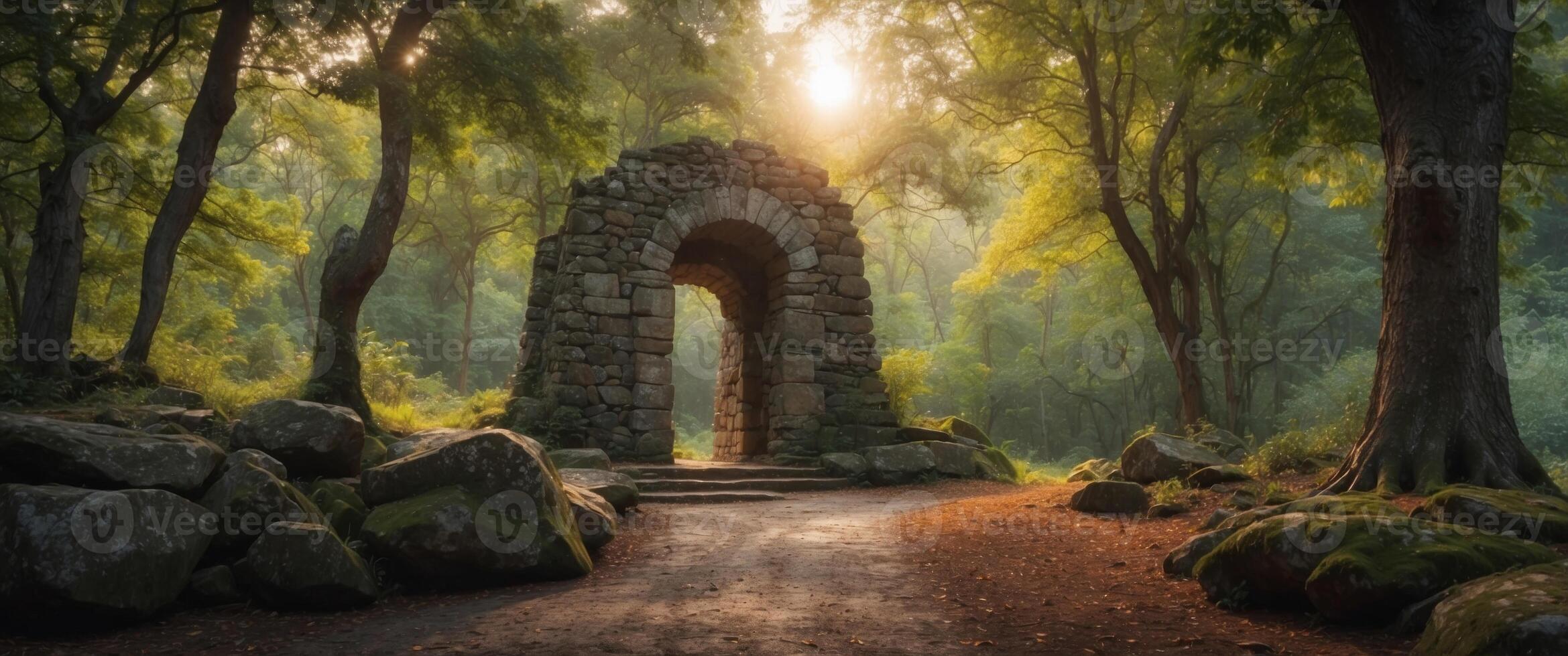 Ancient Stone Tower Entrance in a Lush Forest. photo