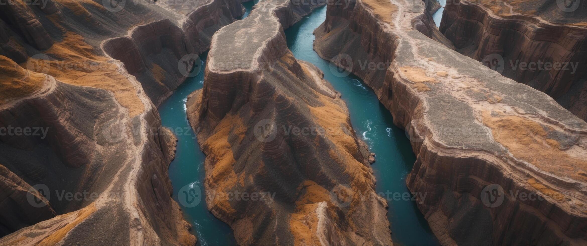 Aerial View of a River Winding Through a Canyon with Layered Rock Formations. photo