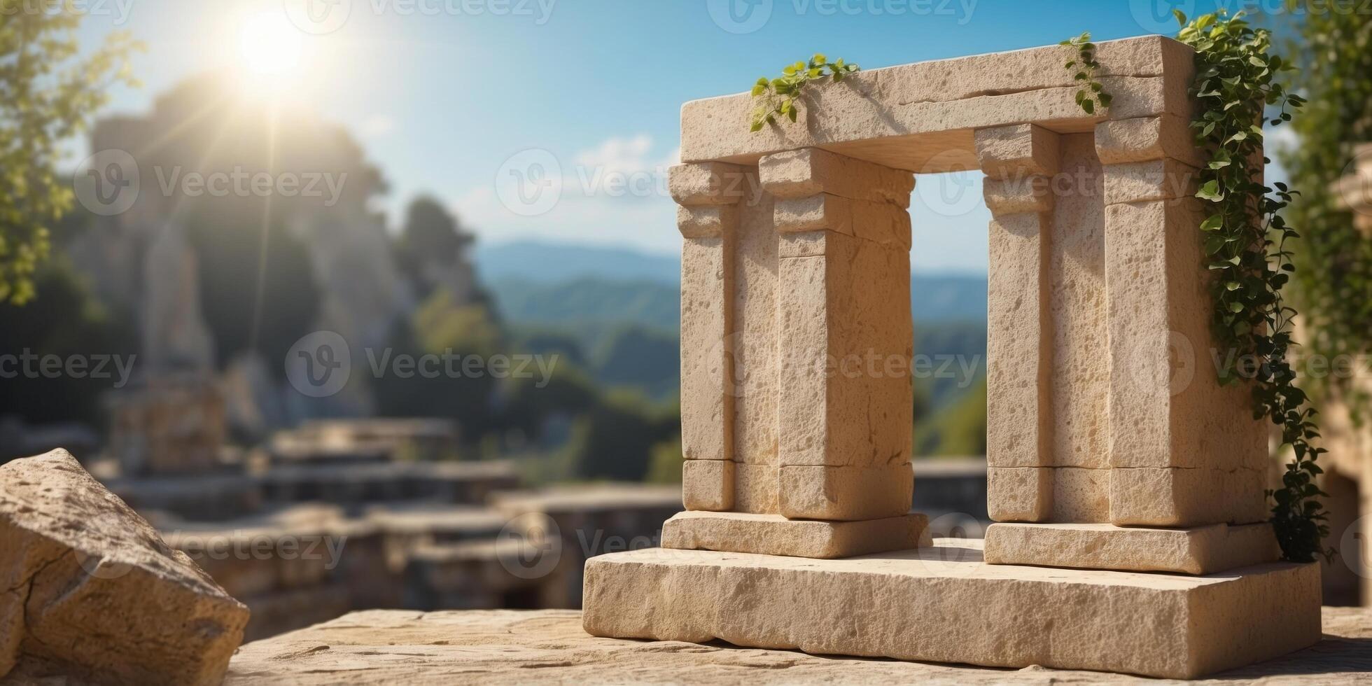 Mockup sandstone podium for product presentation in ancient ruins with stone overgrown green vines and blue sky sun. photo