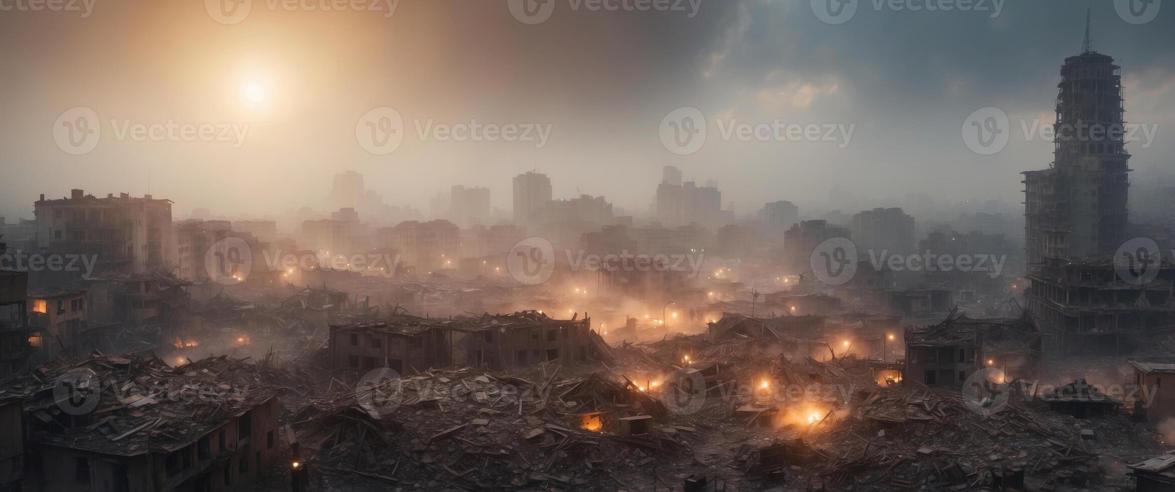 big earthquake that destroyed the city in ruins with fog. photo