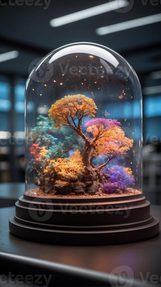 A translucent glass dome in a high-tech lab with a central display case. photo