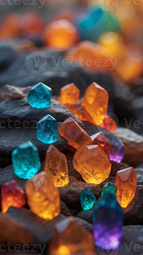 A surreal landscape of crystalline formations glowing in every color of the rainbow. photo
