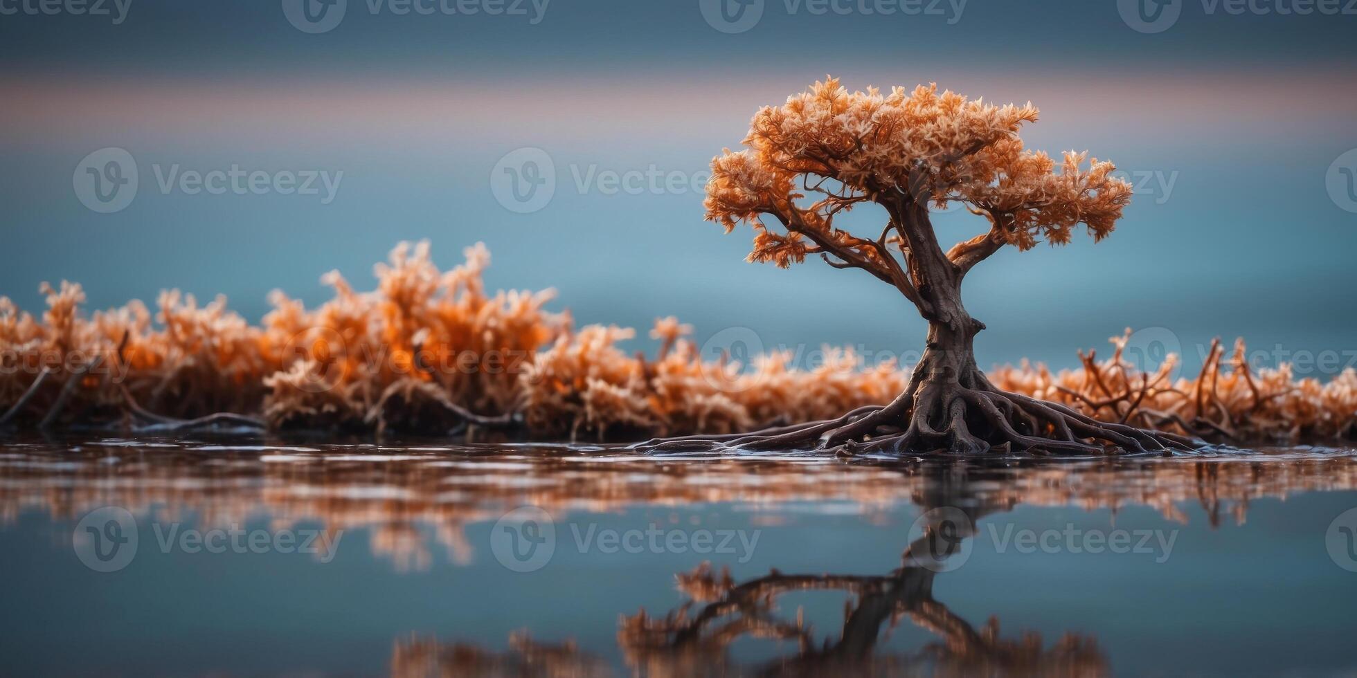 A tree with roots that glow like molten lava, growing in the middle of a frozen ocean. photo
