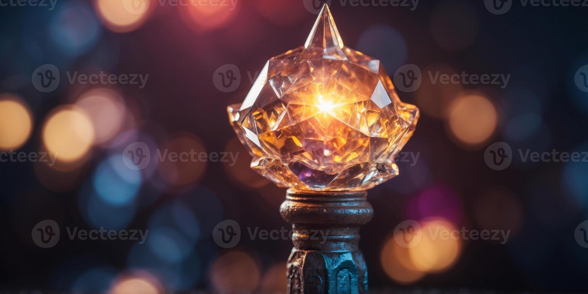 A glowing staff embedded in a crystal, radiating arcane power. photo