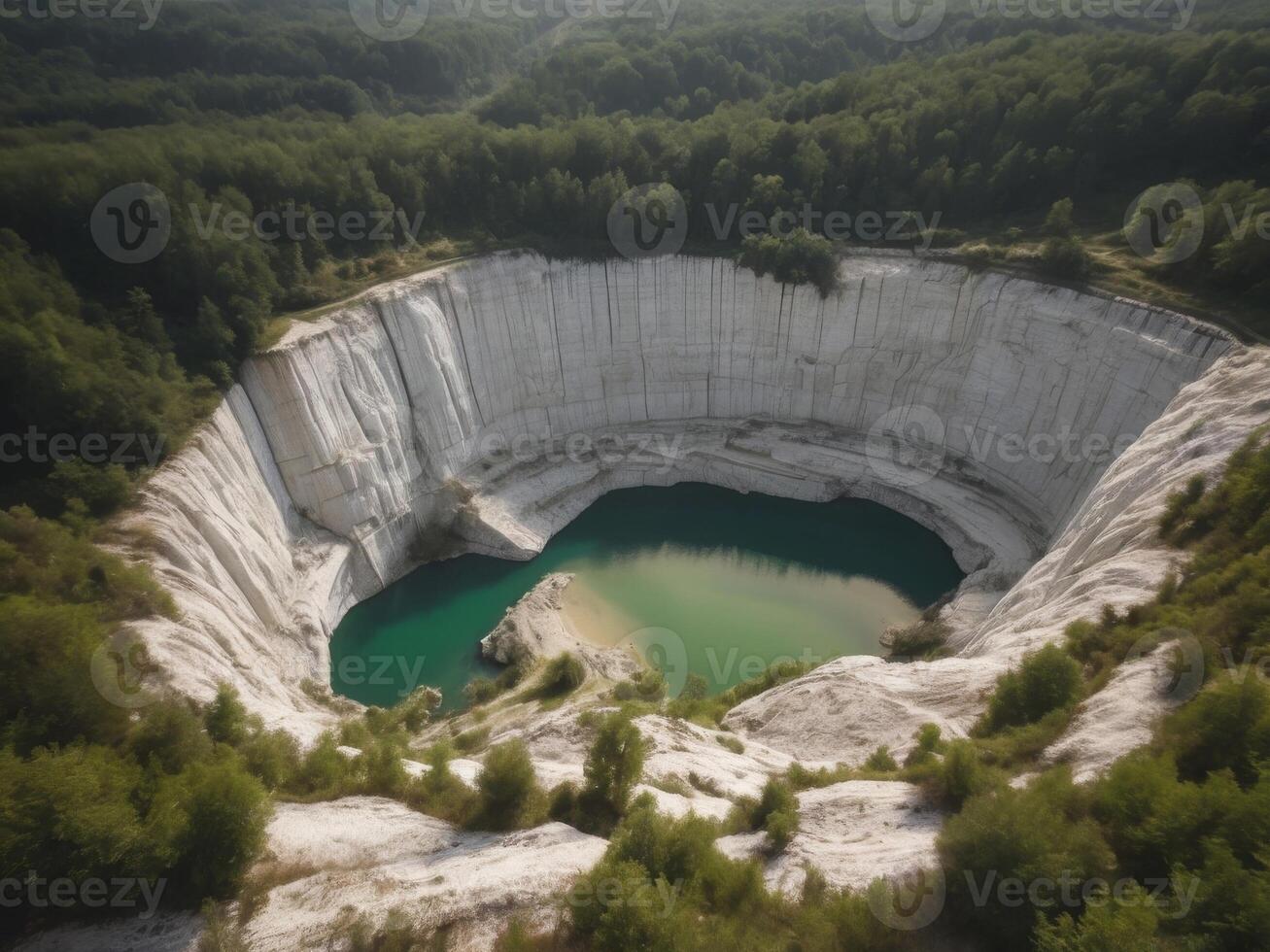 Aerial view of large white limestone quarry in green landscape. photo