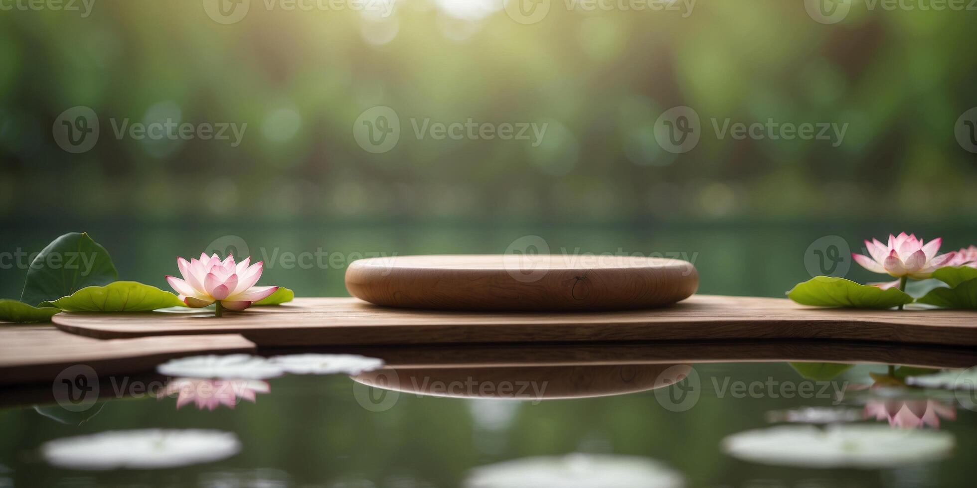 empty wooden podium floating on the lotus pond with natural green background for product presentation. photo