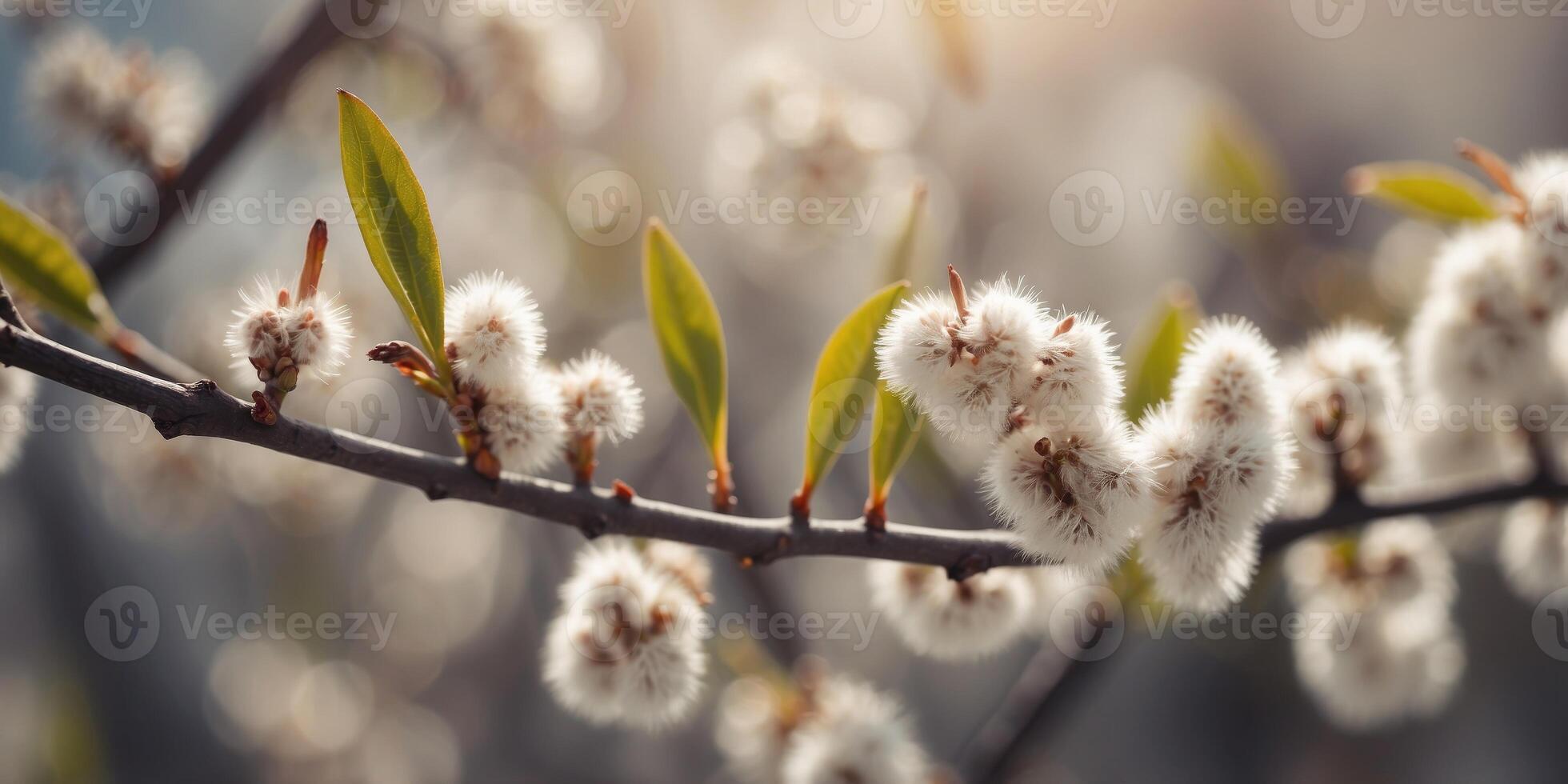 Willow branches with fluffy buds on a sunny spring day. photo