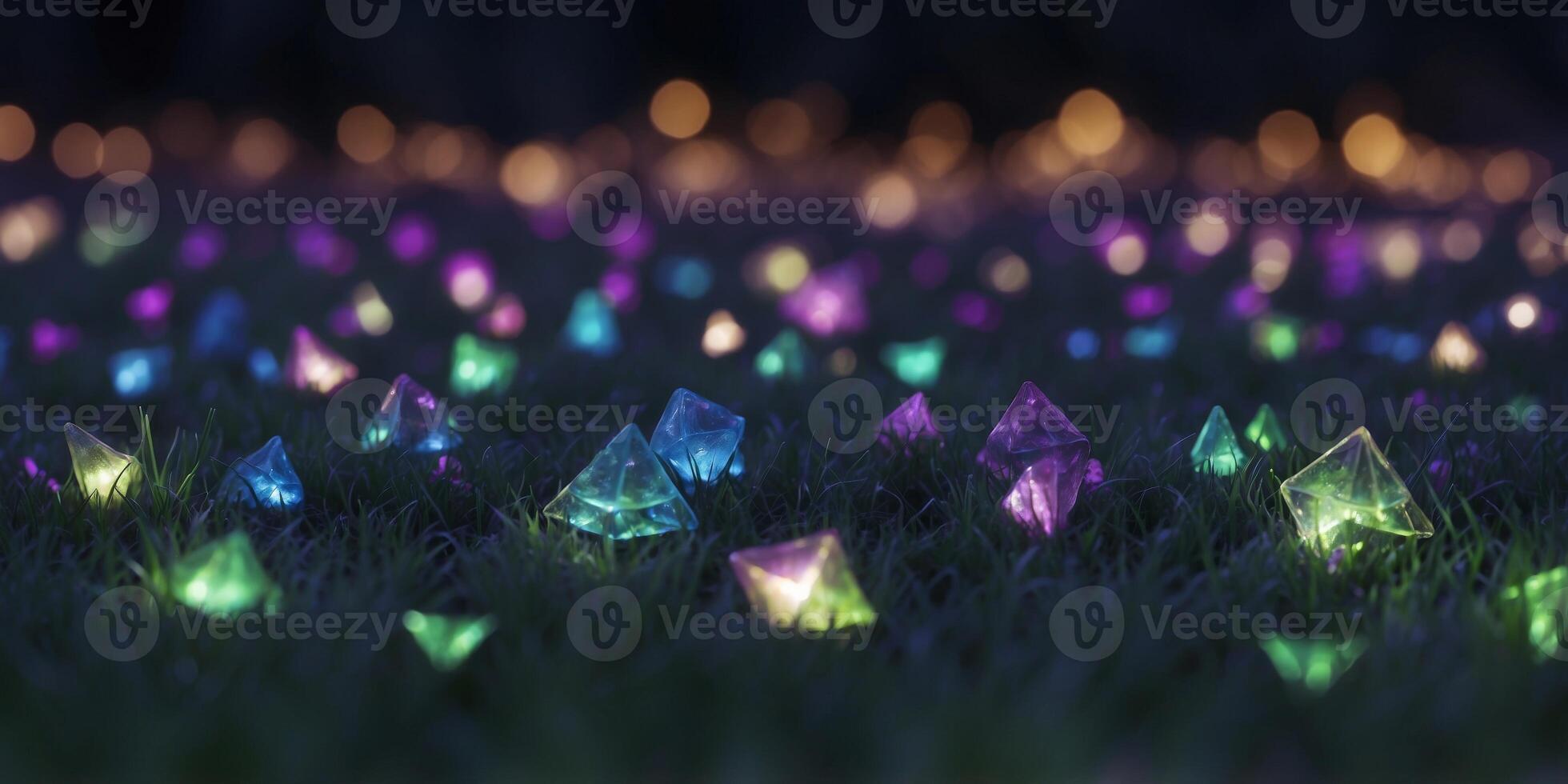A glowing grid of blue and green triangles floating in a deep purple field. photo