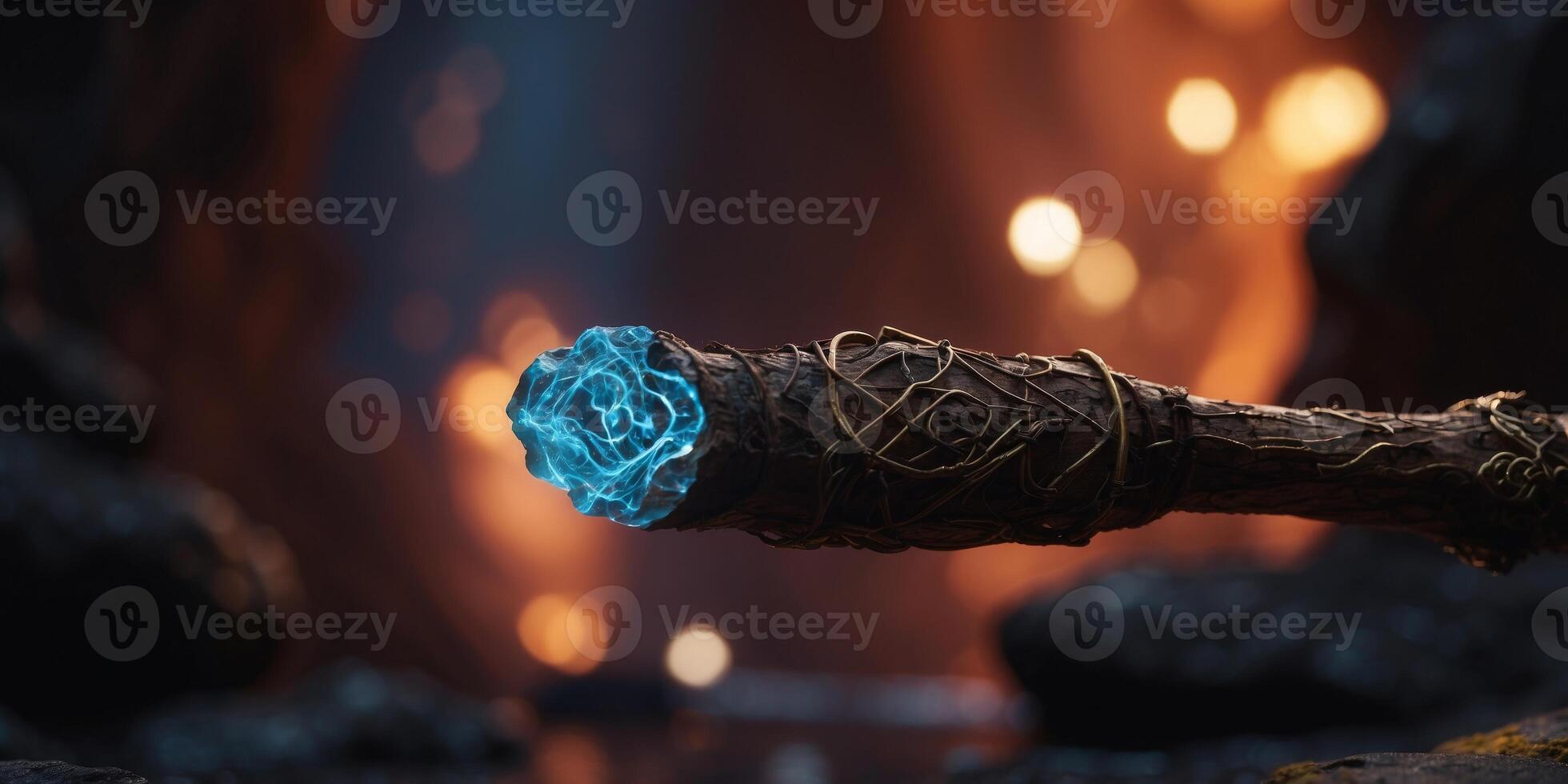 A glowing magic staff floating in the middle of a dark cave, surrounded by runes. photo