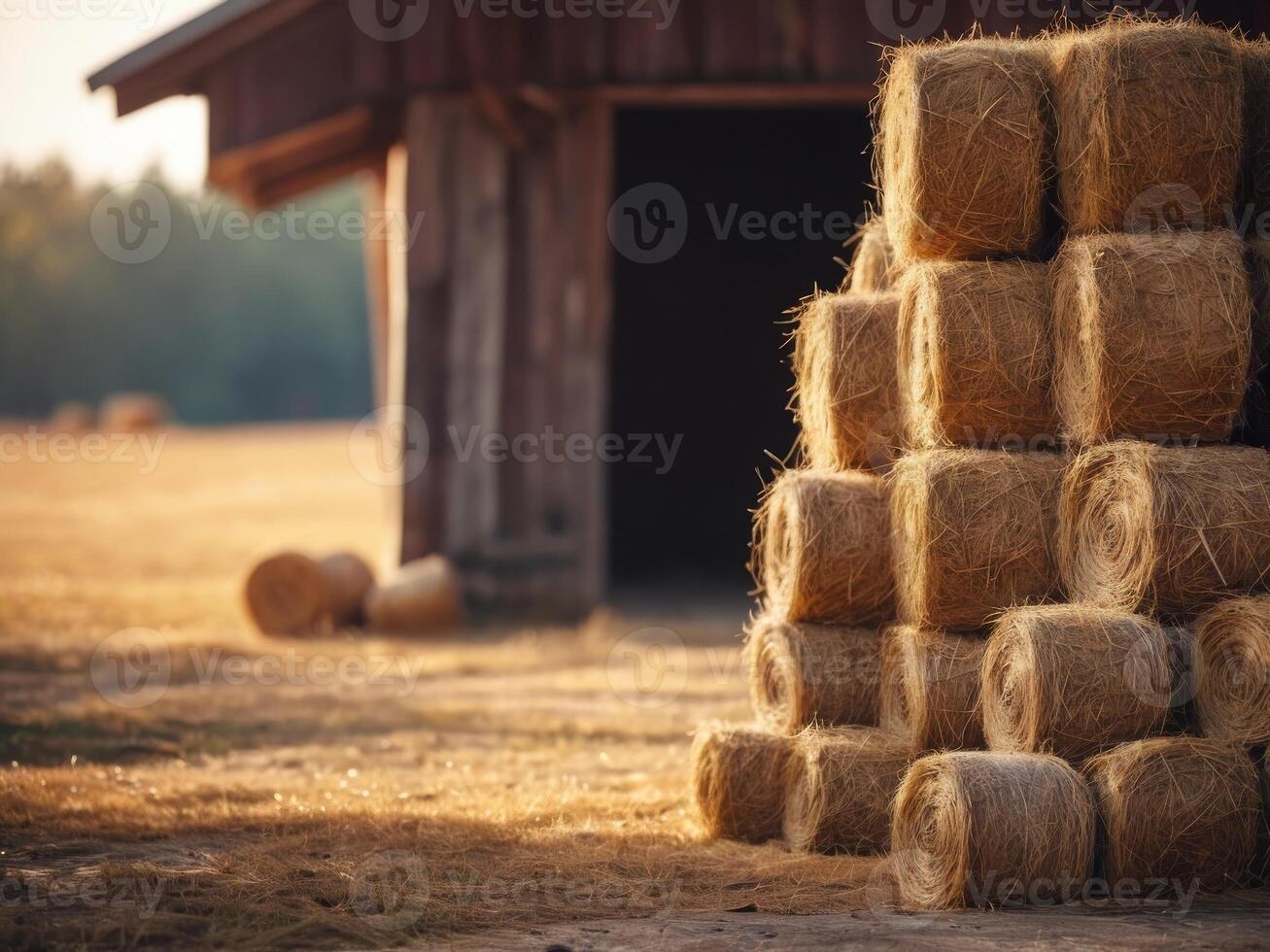 Empty rustic barn with wooden planks and hay bales. photo