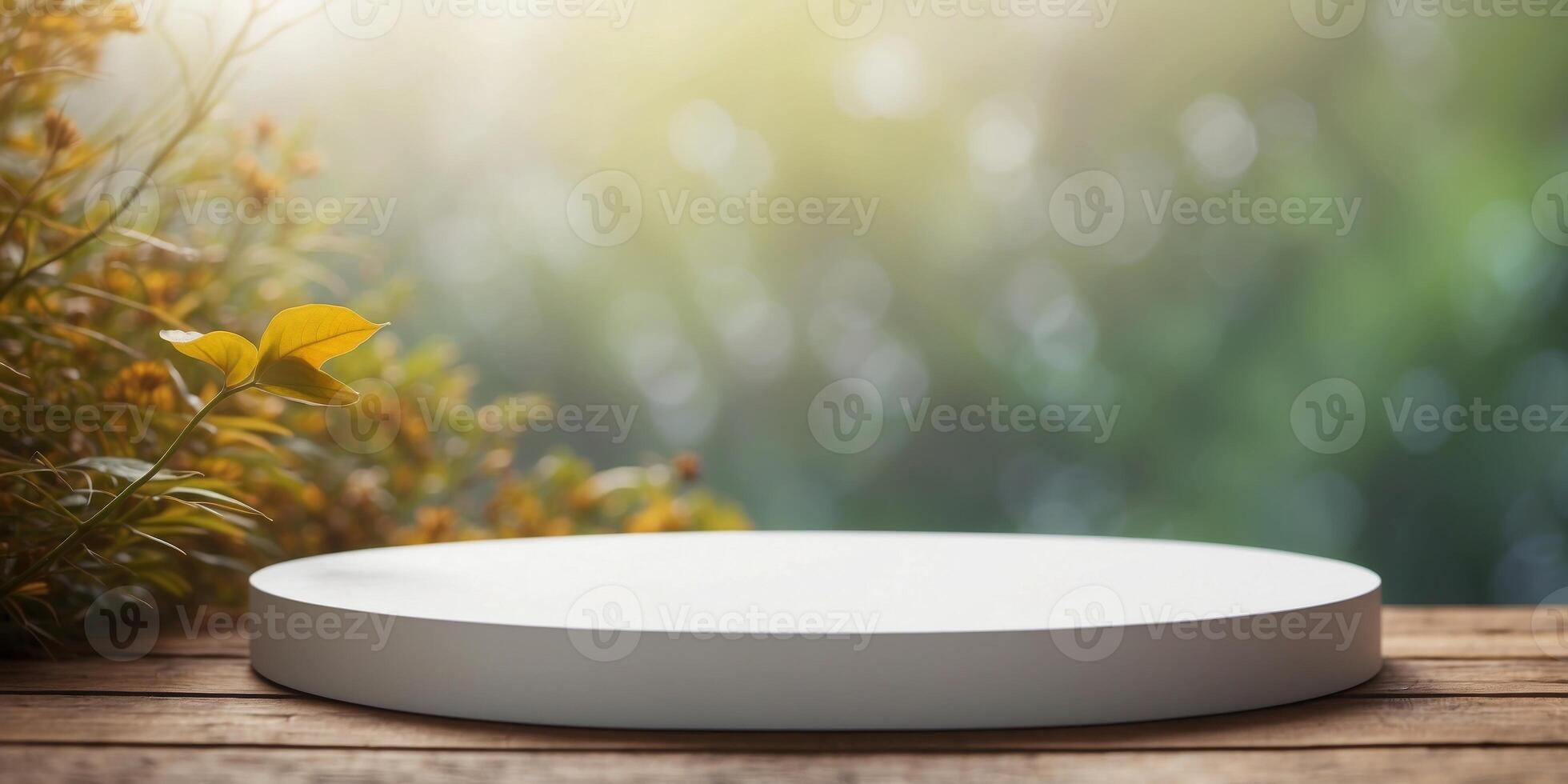 White podium for product display with nature background. photo