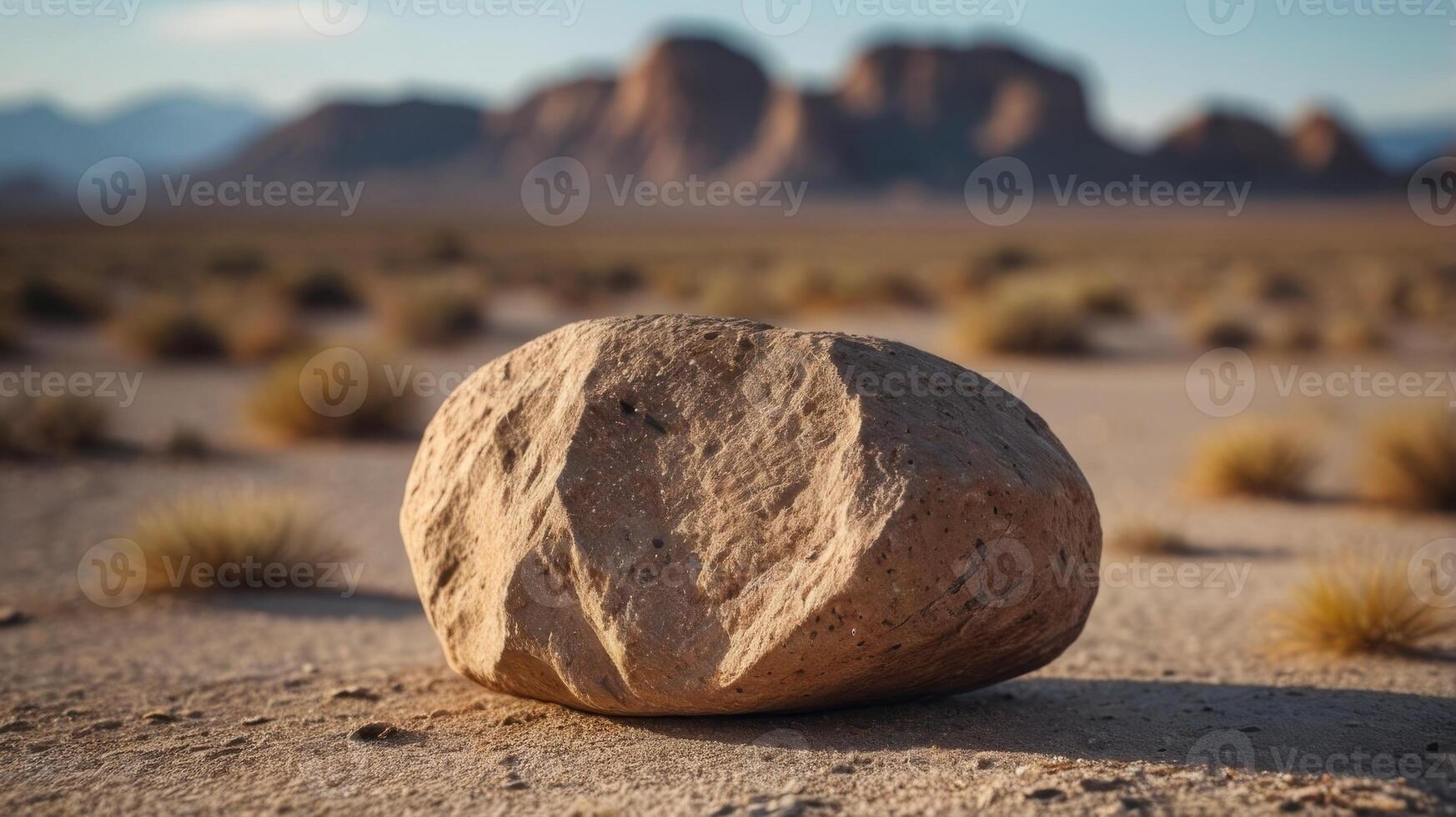 A desolate desert landscape with a large rock in the foreground. photo