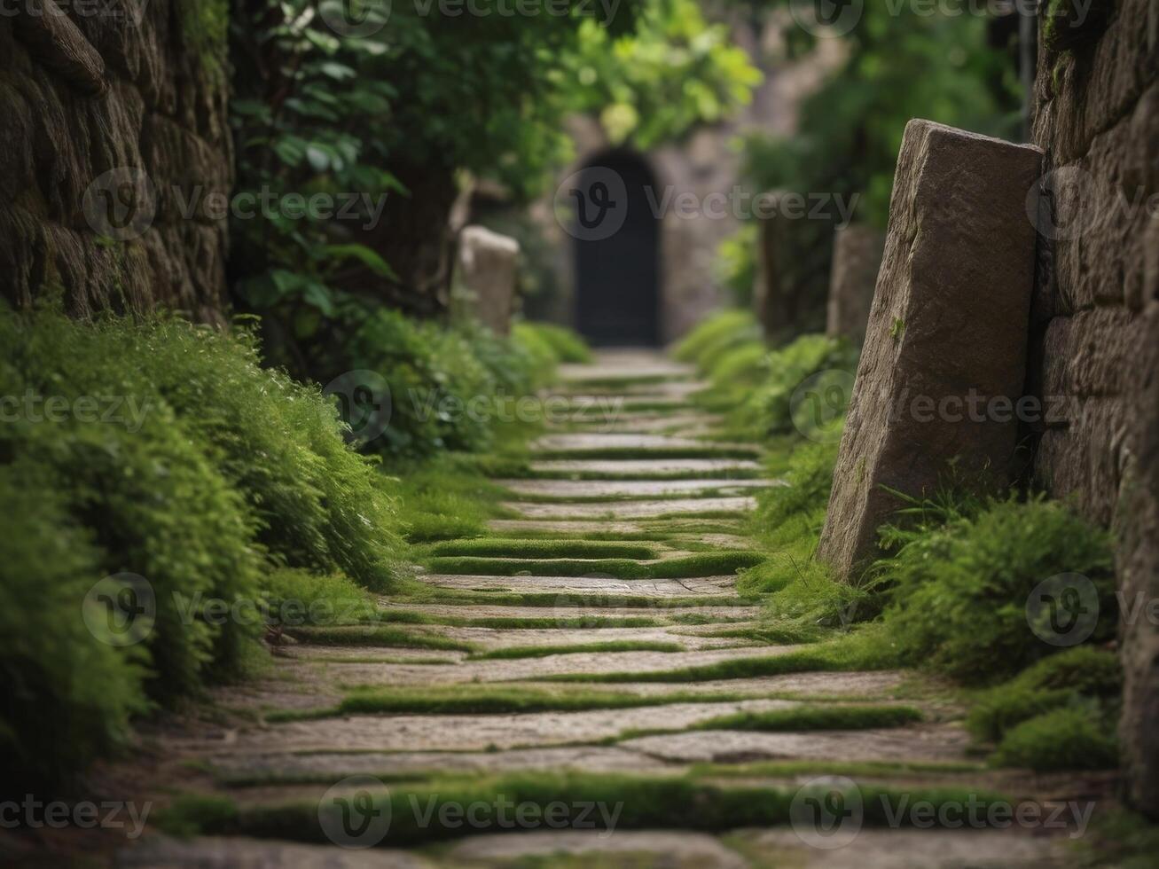 A Narrow Stone Path Through a Lush Green Alleyway. photo