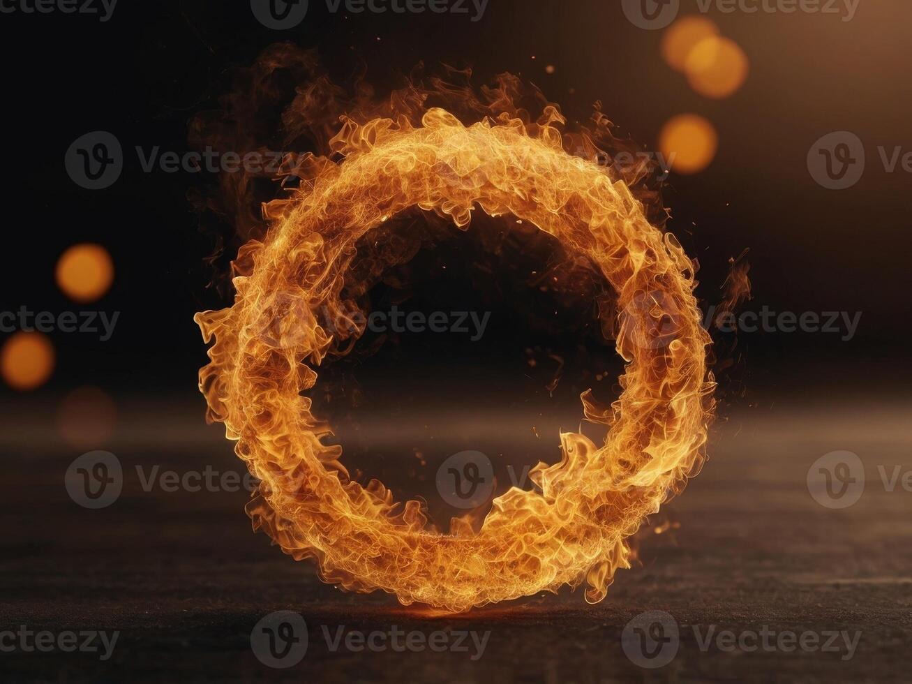 A close up of a golden circle with a lot of fire and smoke around it. photo
