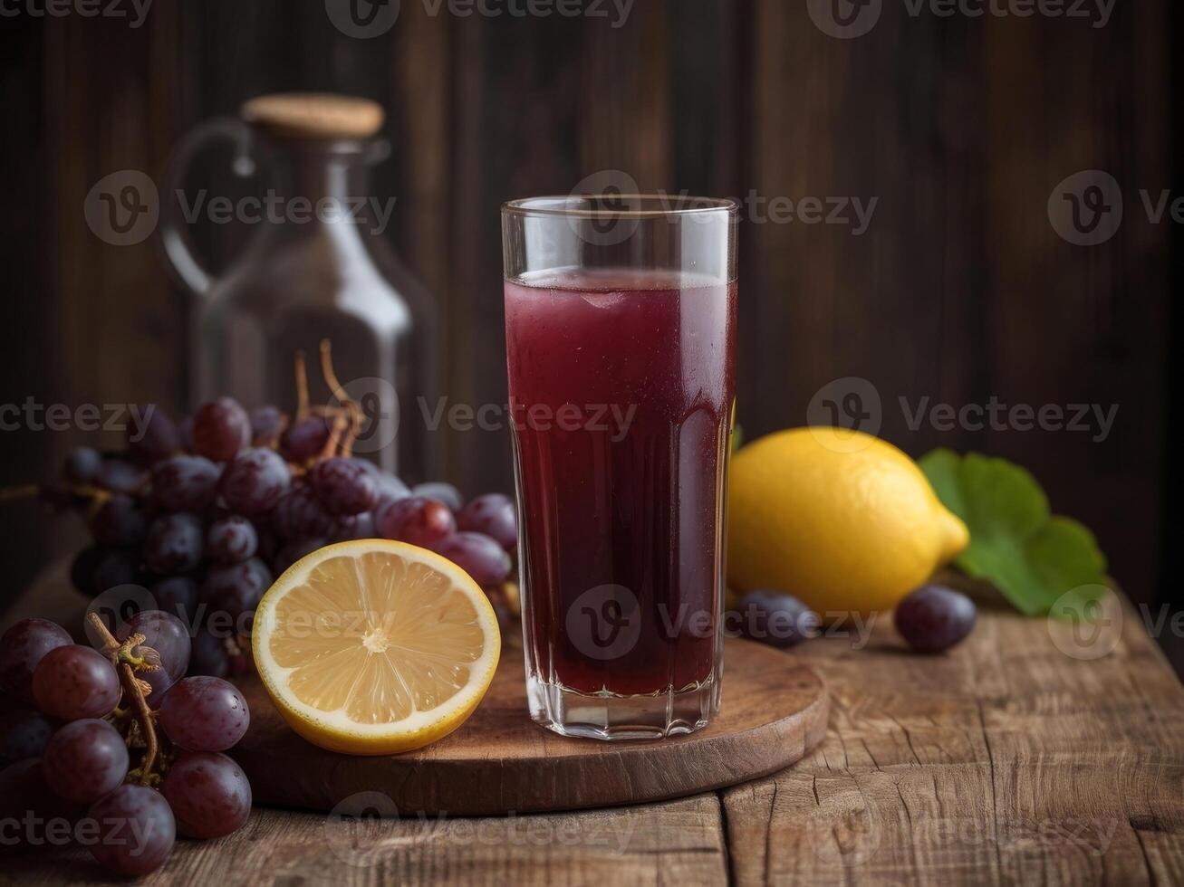 Freshly Pressed Grape Juice with Grapes and Lemon on a Rustic Wooden Table. photo