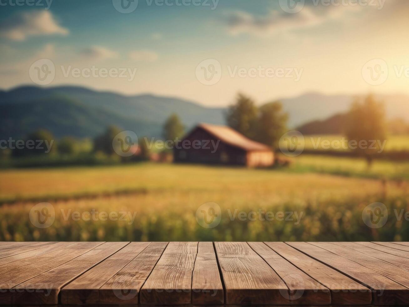 Background of a blurry farm field and a rustic wooden table. photo