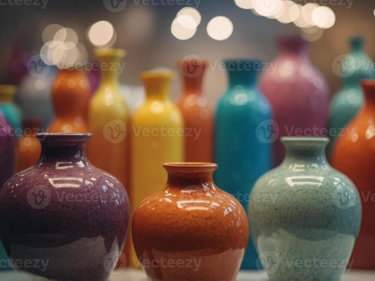 Close up shot of various colorful vases on display. photo