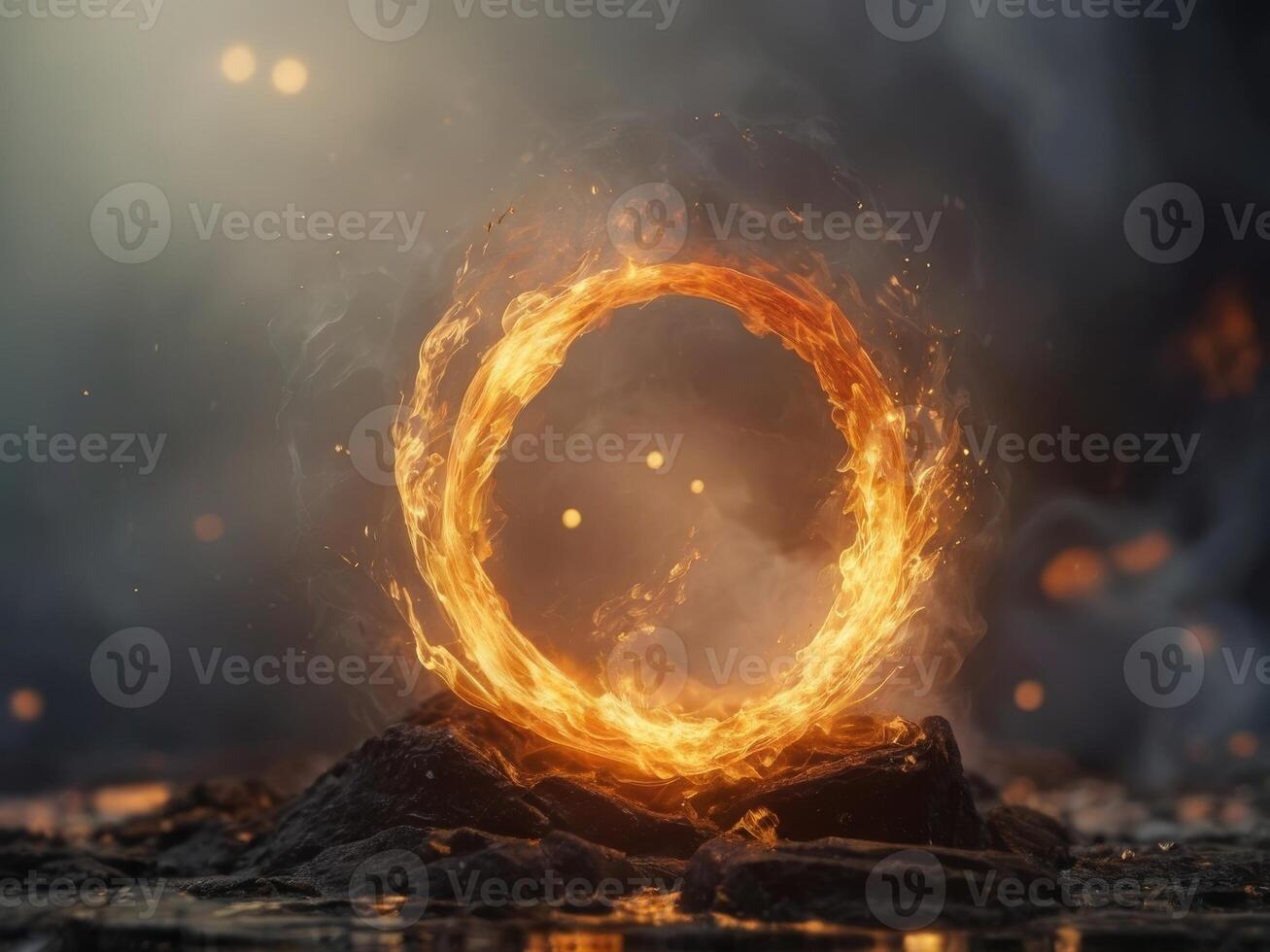 A close up of a golden circle with a lot of fire and smoke around it. photo