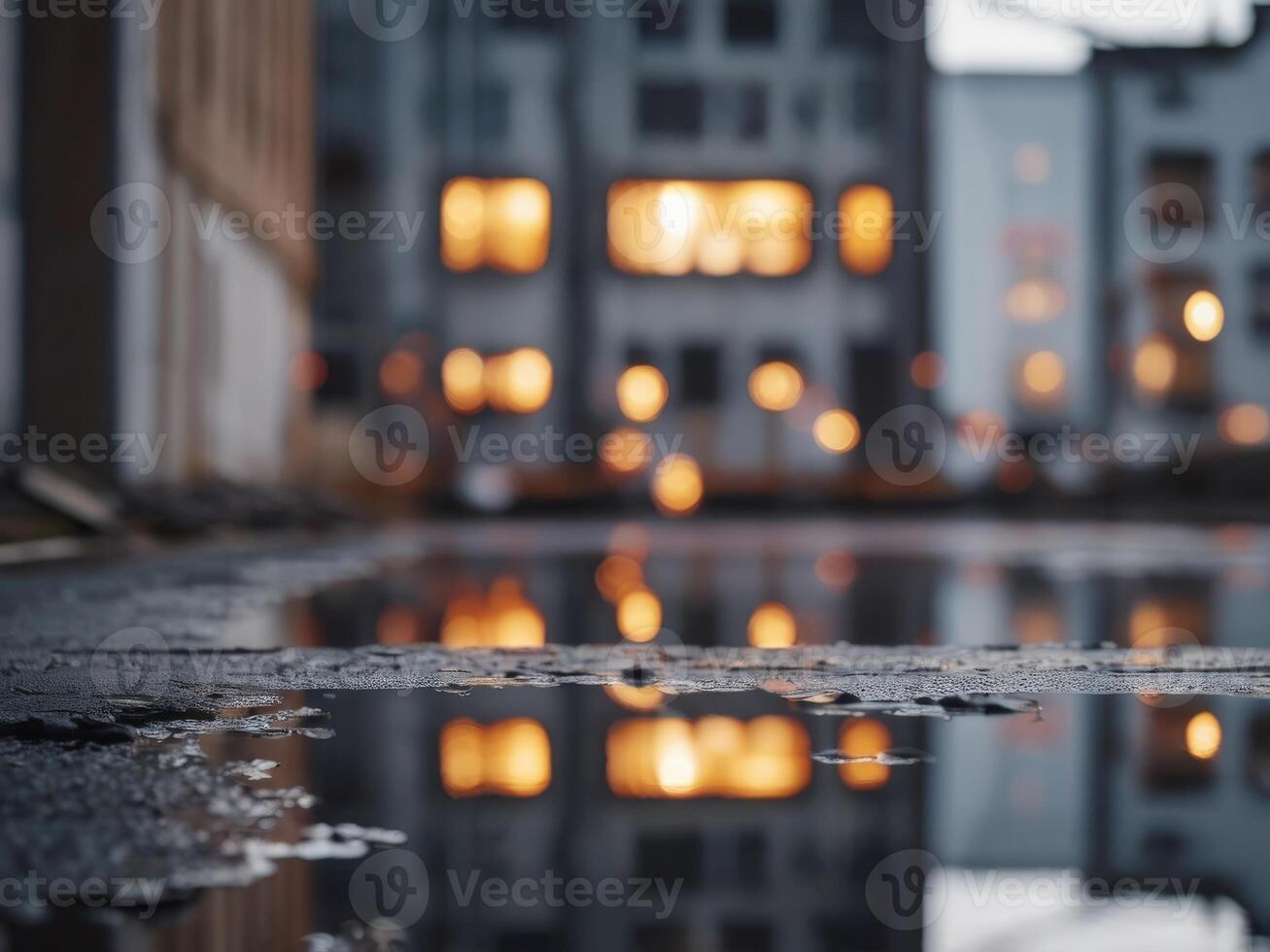 Urban Landscape With Abandoned Buildings and a Reflection Puddle. photo