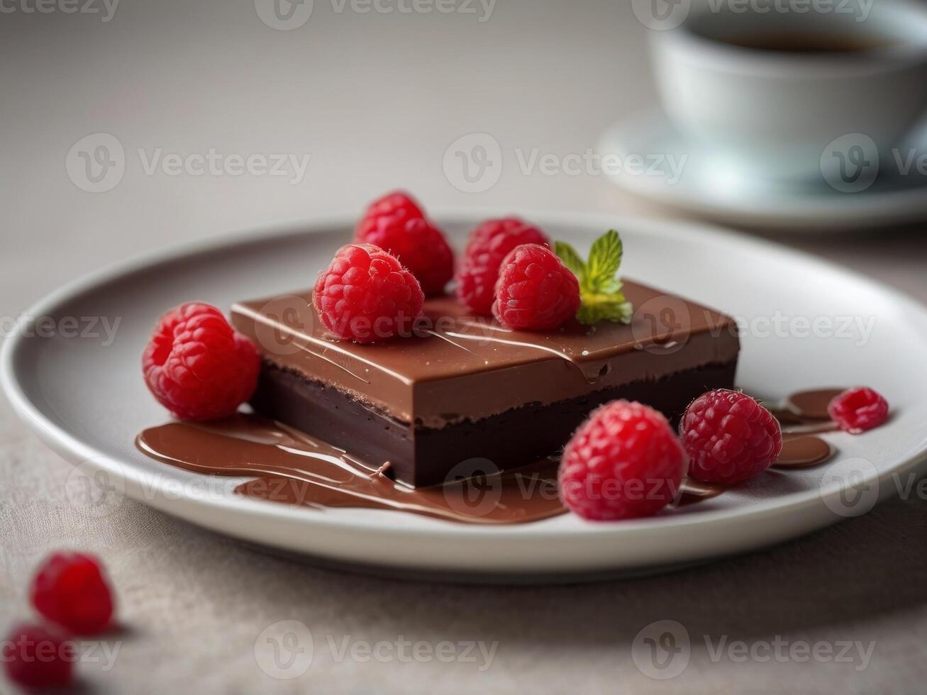 a chocolate dessert with raspberries on a plate. photo