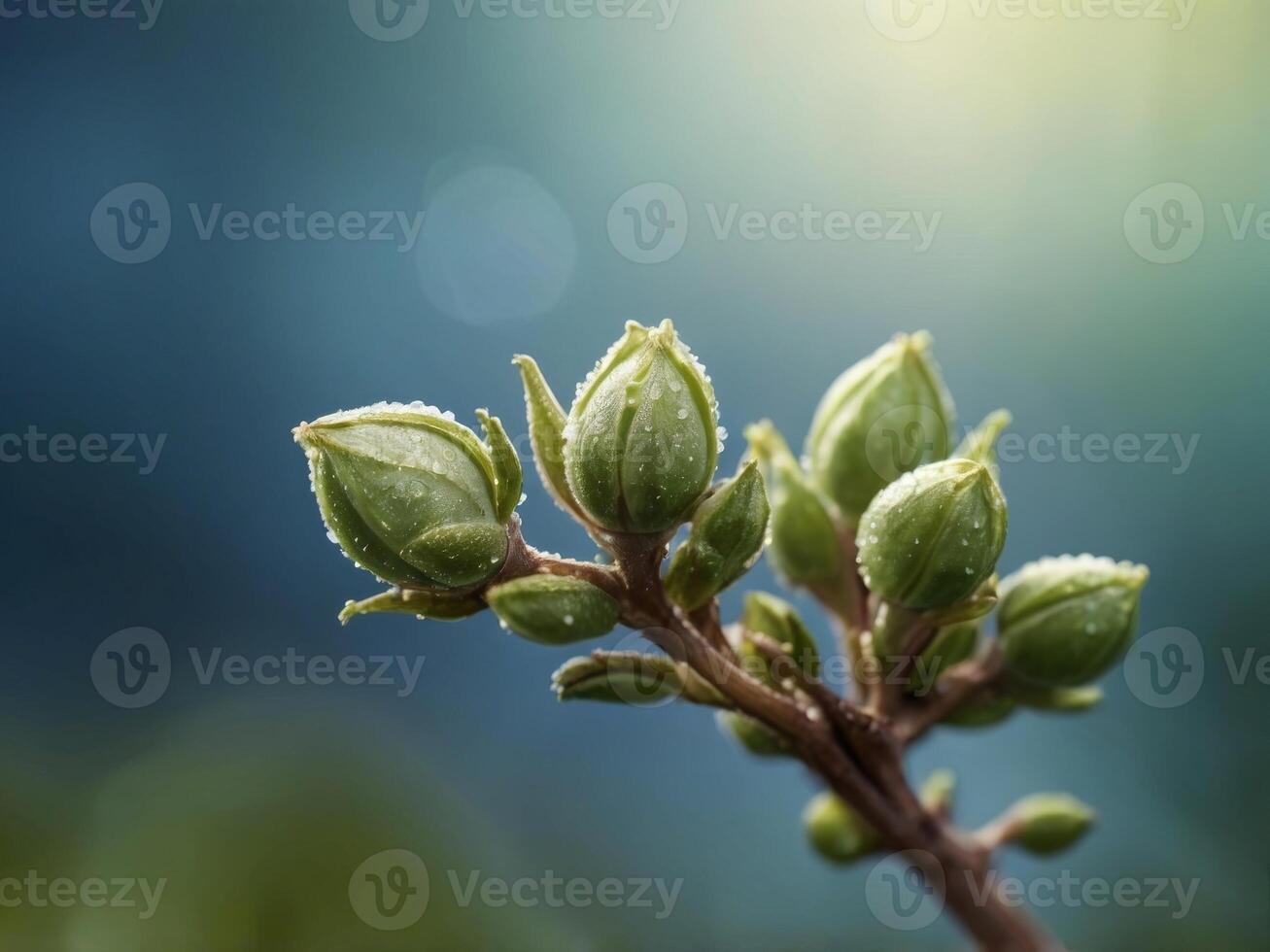 Macro Closeup of Green Buds with Dew on Blue Background - Nature and Clarity for Posters and Designs. photo
