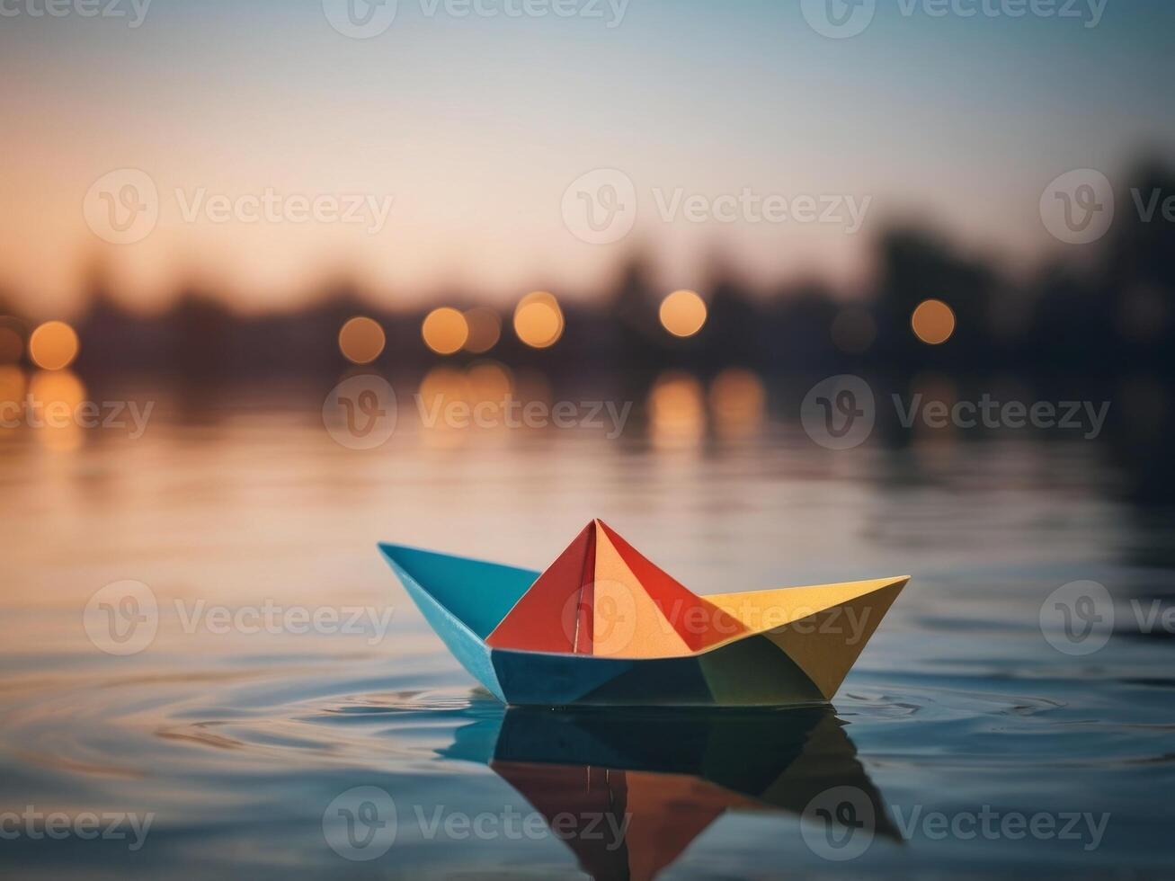 a paper boat floating on top of a body of water. photo