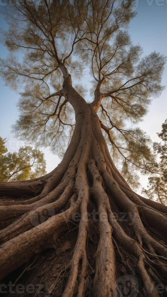 A tree that grows upside down, its roots stretching into the sky. photo