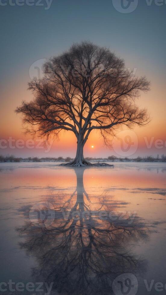 A tree whose roots glow like fire, growing in the middle of a frozen desert. photo