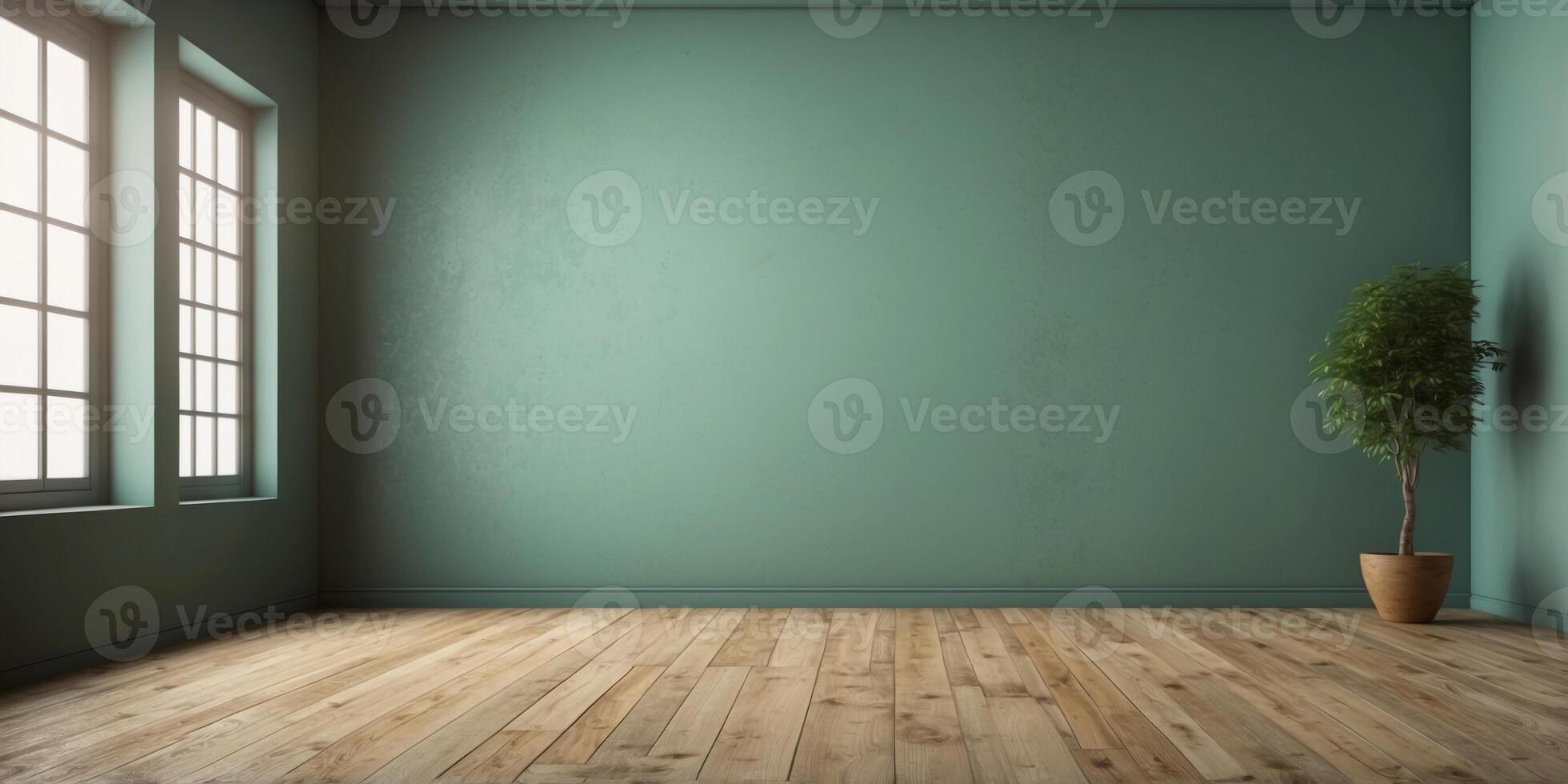 Empty room with grunge light green wall and wooden floor. photo