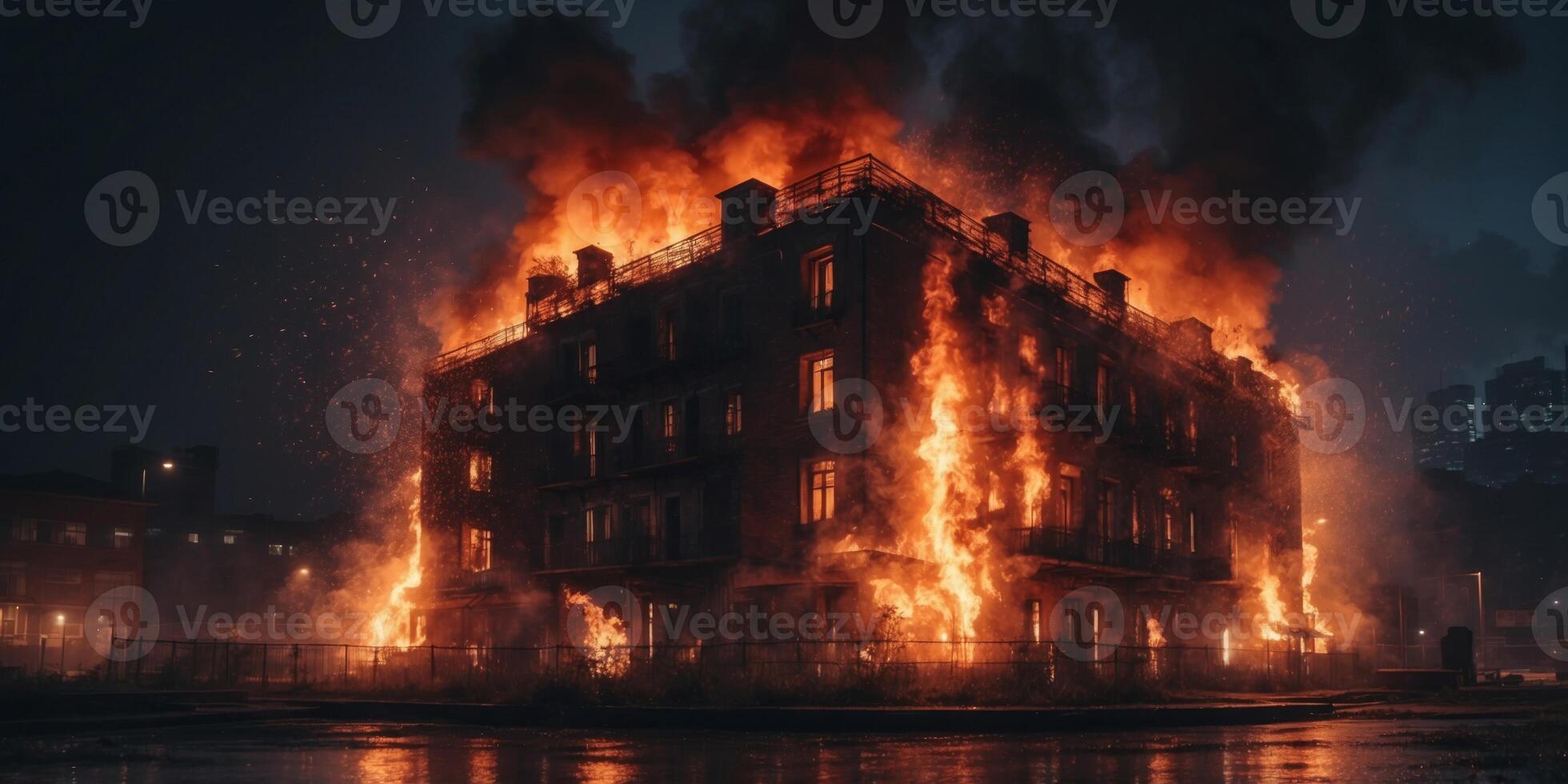 Dramatic scene of a burning building at night with fierce flames engulfing the structure in an urban disaster scenario. photo