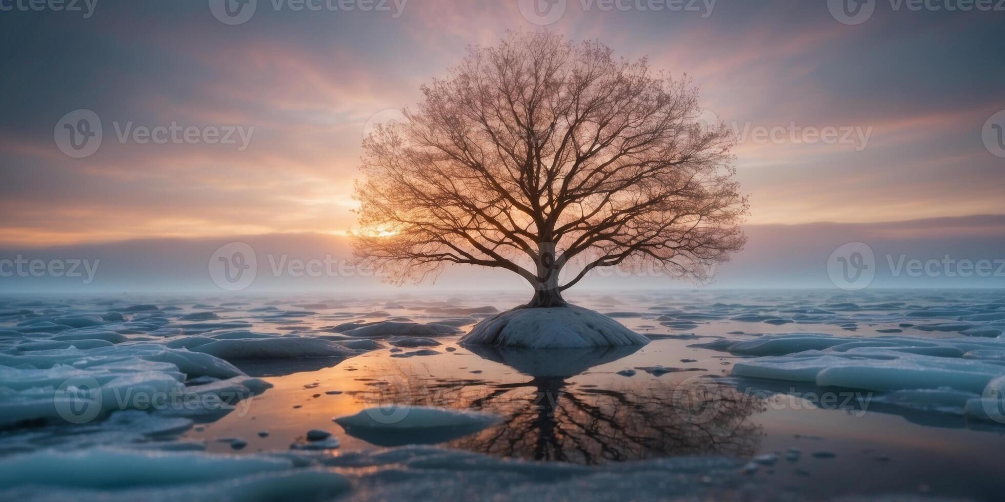 A tree with glowing roots growing in the middle of a frozen ocean. photo
