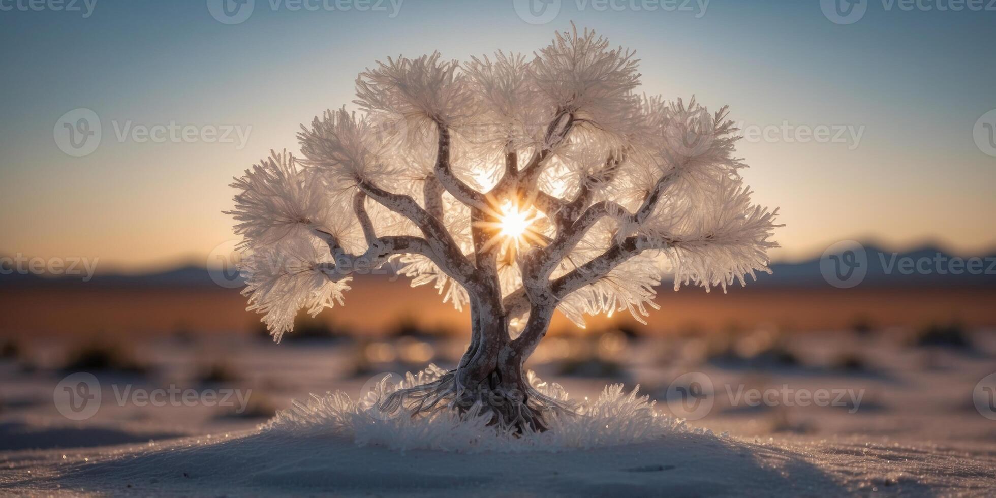 A tree made of crystal growing in the center of a frozen desert. photo
