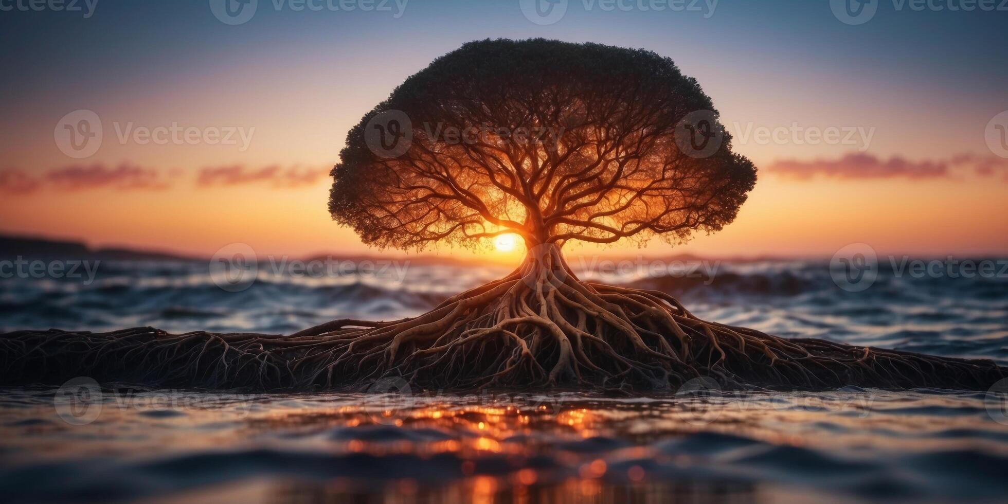 A tree with roots that glow like lava, growing in the middle of a glowing ocean. photo