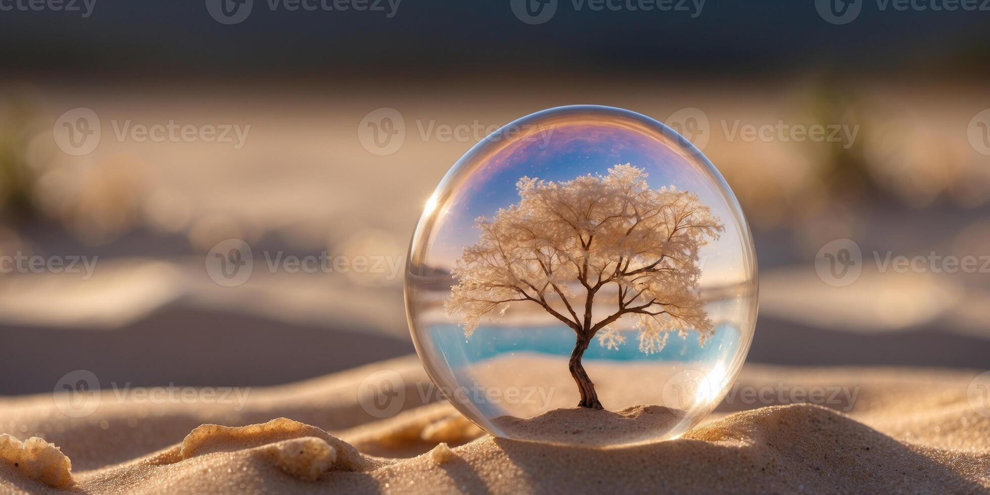 A tree made of crystal growing in the middle of a desert of glowing sand. photo