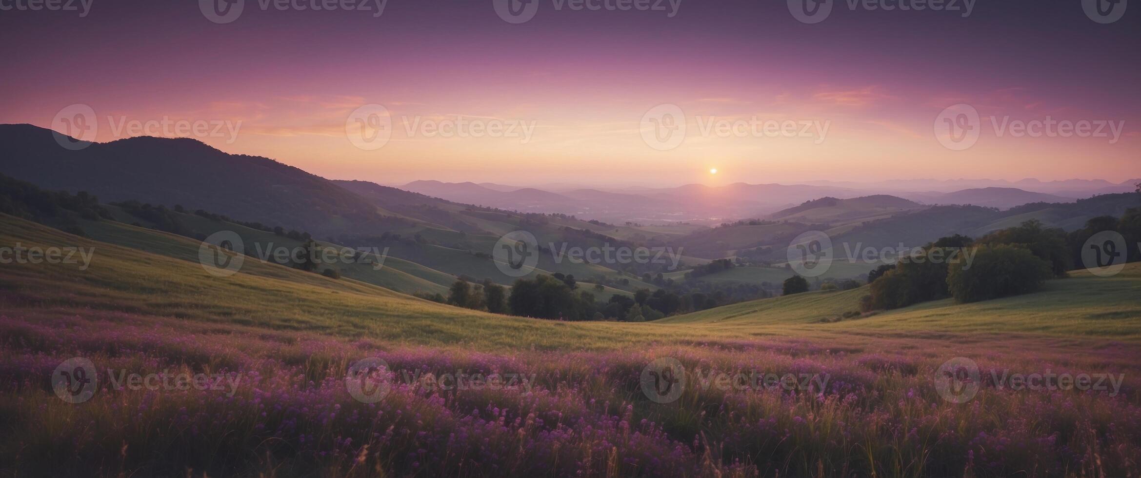 a calm meadow with hilly landscapes in the background and purple hues. photo
