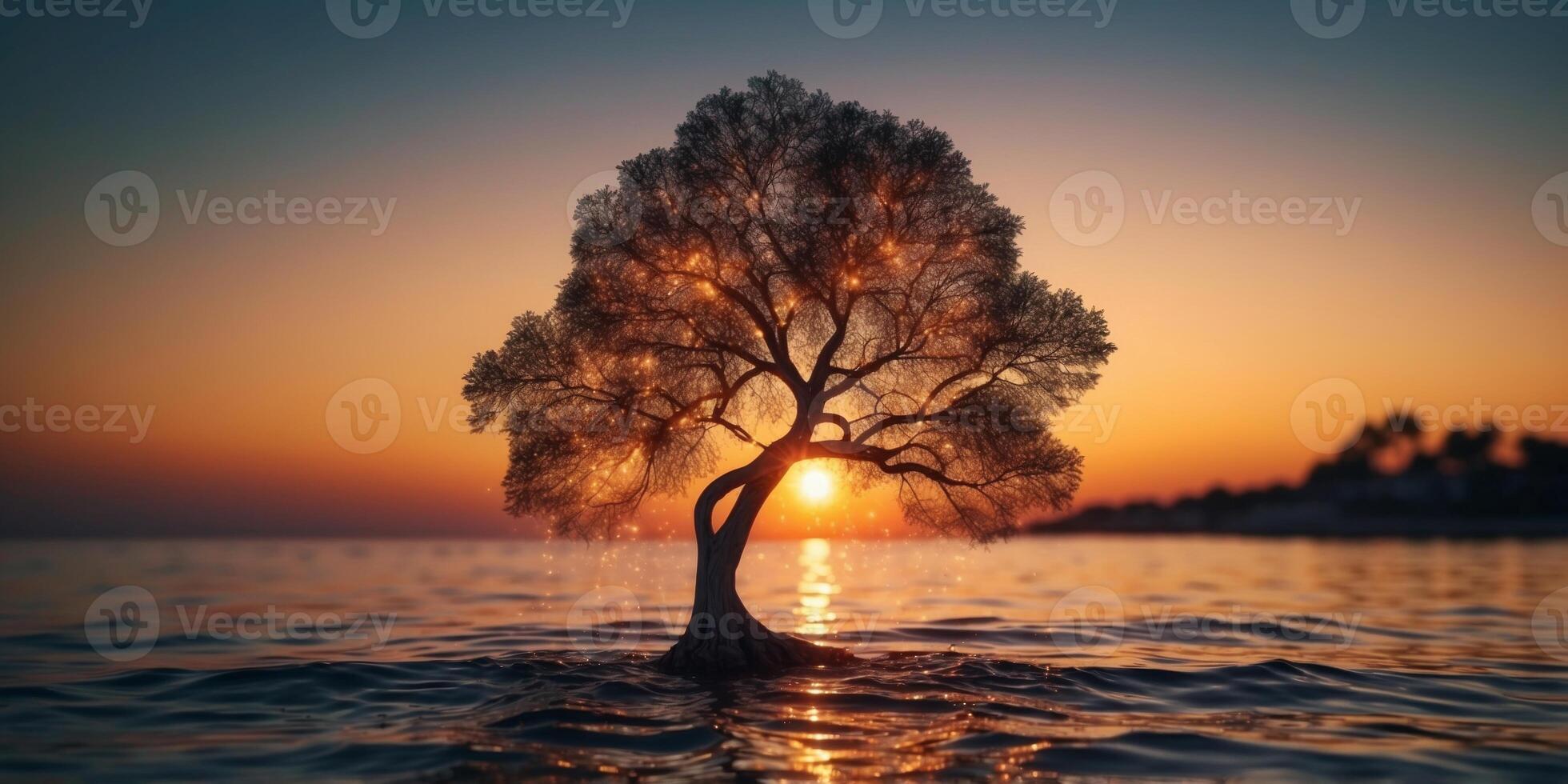 A tree made of fire growing in the middle of a glowing ocean. photo