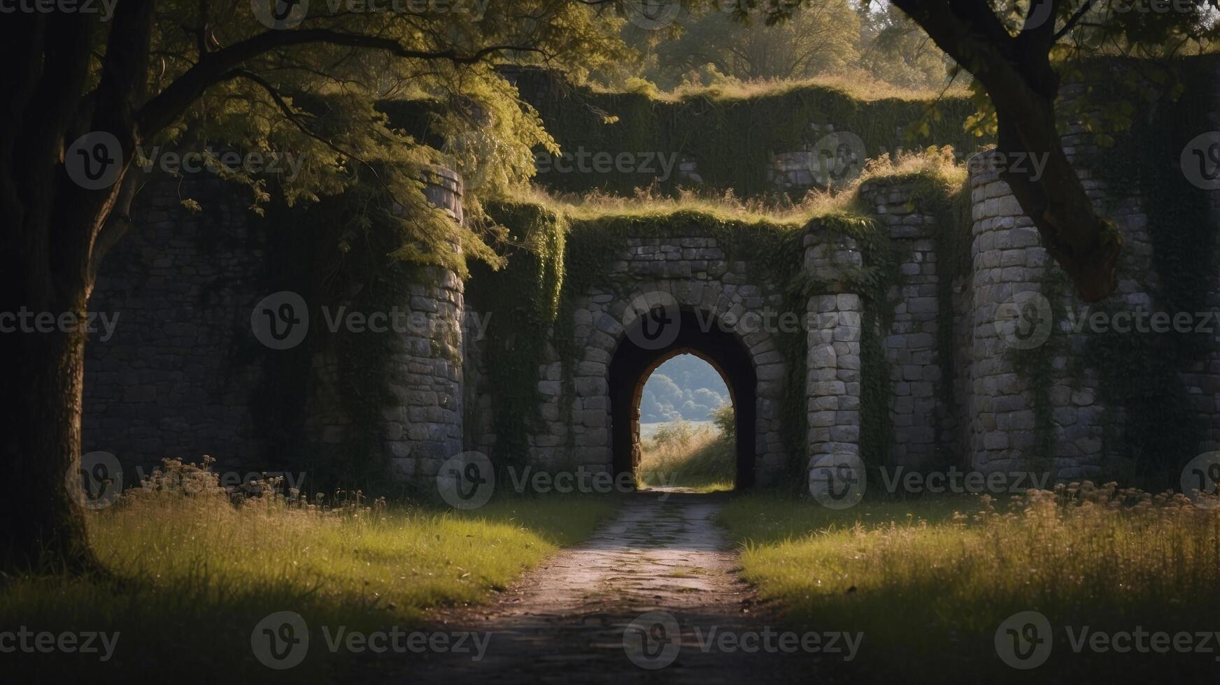 Overgrown Stone Castle with Dark Entrance. photo