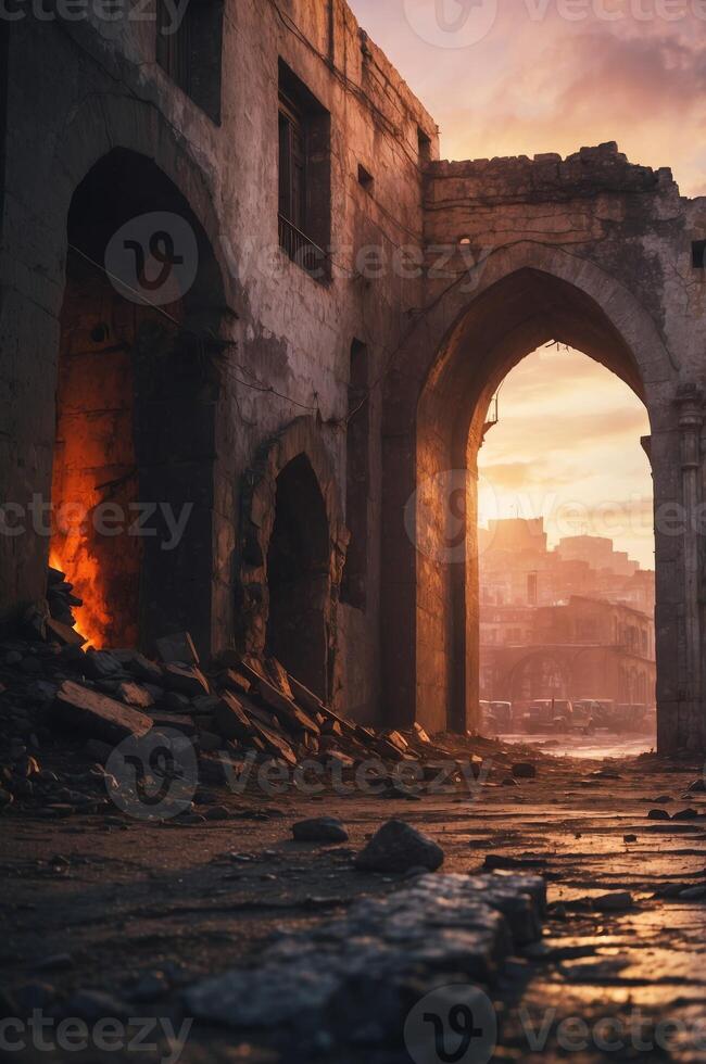 An aerial view of a crumbling city with a fiery archway. photo