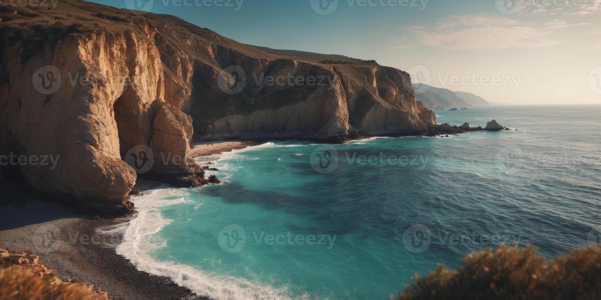 Dramatic Coastal Cliffs with Turquoise Ocean Waters. photo